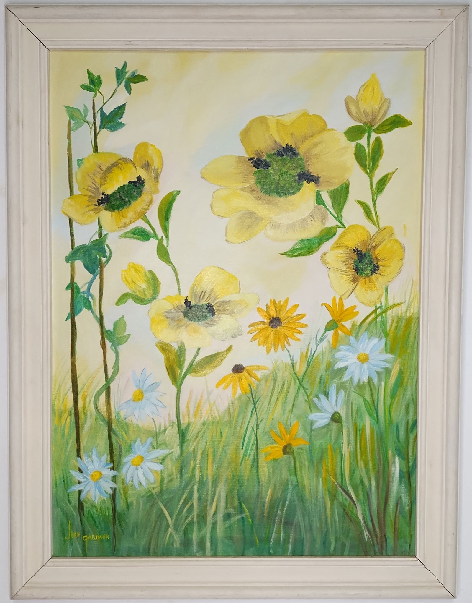 Vintage Jean Gardner Signed Flower Oil Painting on Canvas Framed.: Vintage Jean Gardner Signed Flower Oil Painting on Canvas Framed. . Approx Painting Size: 22 X 30 Inches - Frame Size: 26 x 34 x 3 Inches. Frame may have scratches and marks due to storage (See Photos