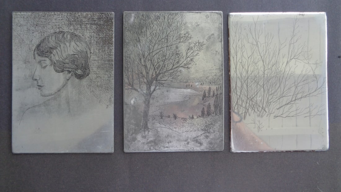 Set of Three Antique 1928 Illustrations Etched Into Metal Drypoint or Etched: Mystery Treasure. Set of Three Antique 1928 Illustrations Etched Into Metal Drypoint or Etched or Intaglio Carved Into Possibly Zinc. Printing Plates Used For Printing Illustrations. One plate has the