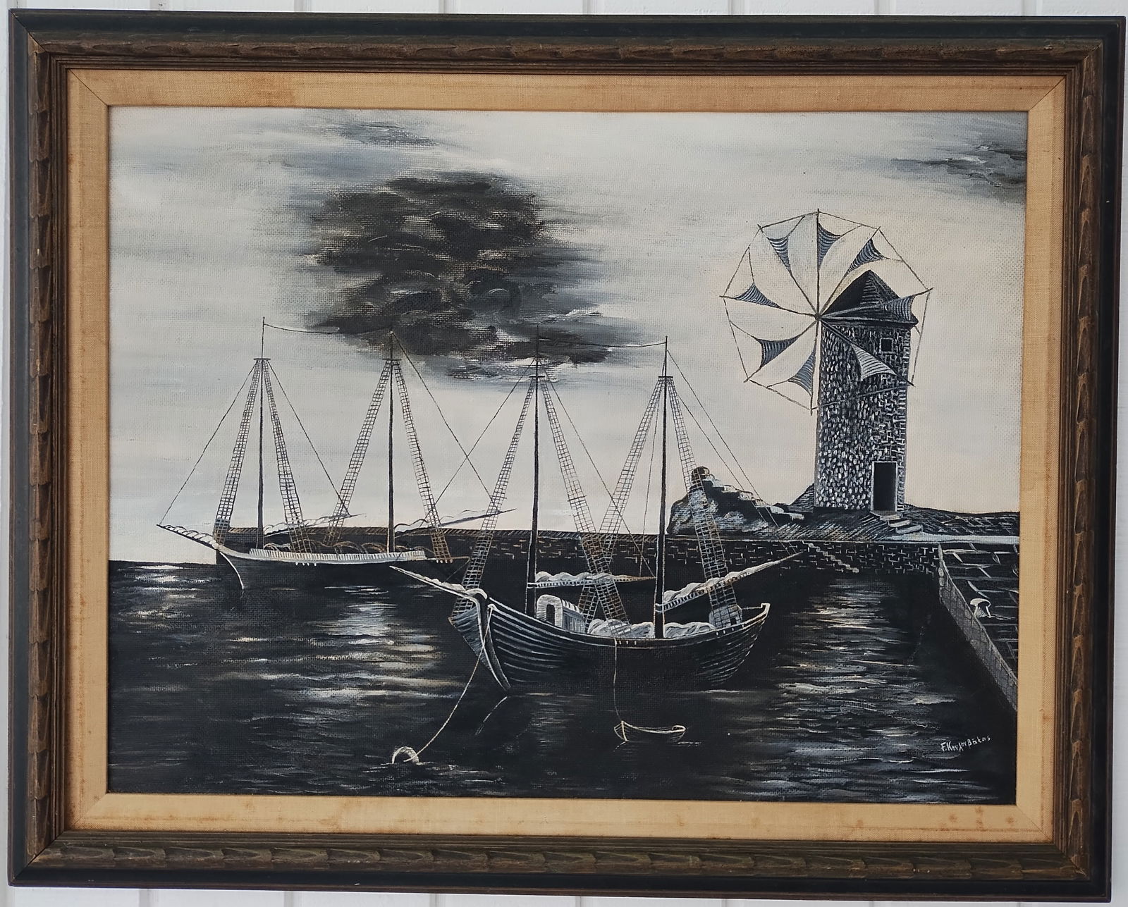 Vintage 1980 Regionalism Oil Painting on Canvas Boat-Lighthouse Point - SeaPort: Vintage 1980 Regionalism Oil Painting on Canvas Boat-Lighthouse Point - SeaPort Painting Size: 26 1/2 x 21 inches - Frame Size: 29 1/2 x 23 x 2 inches Good Condition see photos. We pack & Ship for you