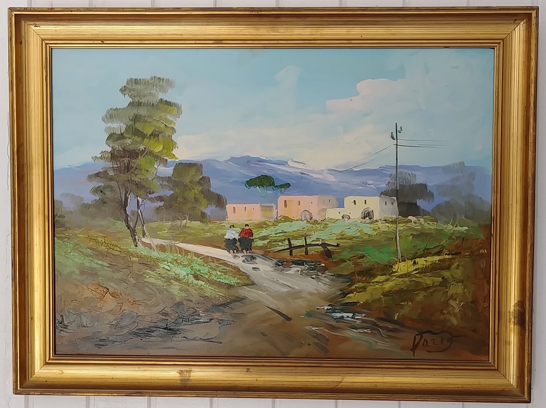 Italian Signed Landscape Oil Painting on Massonite: Italian Signed Landscape Oil Painting on Massonite.Measurements Approx Painting Size: 28 x 20 Inches Wood Frame 32 x 24 x 2 Inches.Oil on Massonite. Wood Frame - Frame may have scratches and marks due