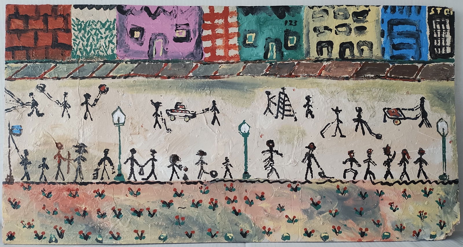 Overtown FL Outsider Folk Art Street Painting: Overtown FL Outsider Folk Art Street Painting. Very interesting painting Untitled (Overtown Everyday Life In The Neighborhood) Dimensions: 31 X 16 1/2 in. Acrylic on found plywood board wood construct