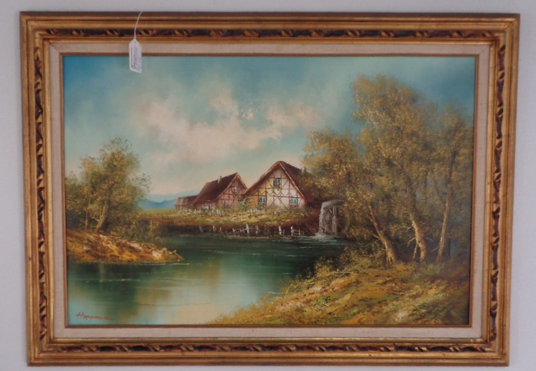 Original Oil Painting on Canvas Signed Hopman: Original Oil Painting on Canvas Signed Hopman .Measurements Approx: Painting: 24"x 36" - Wood Frame:31" x 43" x 1"1/2- weight"11 lbs.Good Condition