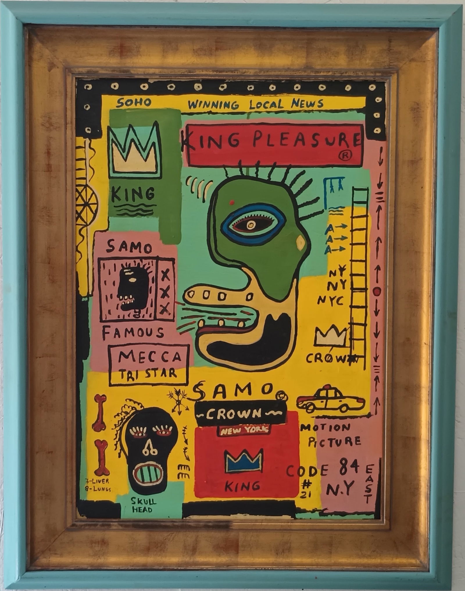 J-M-B Painting - Samo King PLeasure 84 Painting Framed: J-M-B Painting - Samo King PLeasure 84 Painting Framed .Self Portrait Painting Framed.Painting Size: 28 x 20 inches. Frame Size: 37 x 26 x 3 inches,This is hand painted Mixed Medium on Cardboard.Frame
