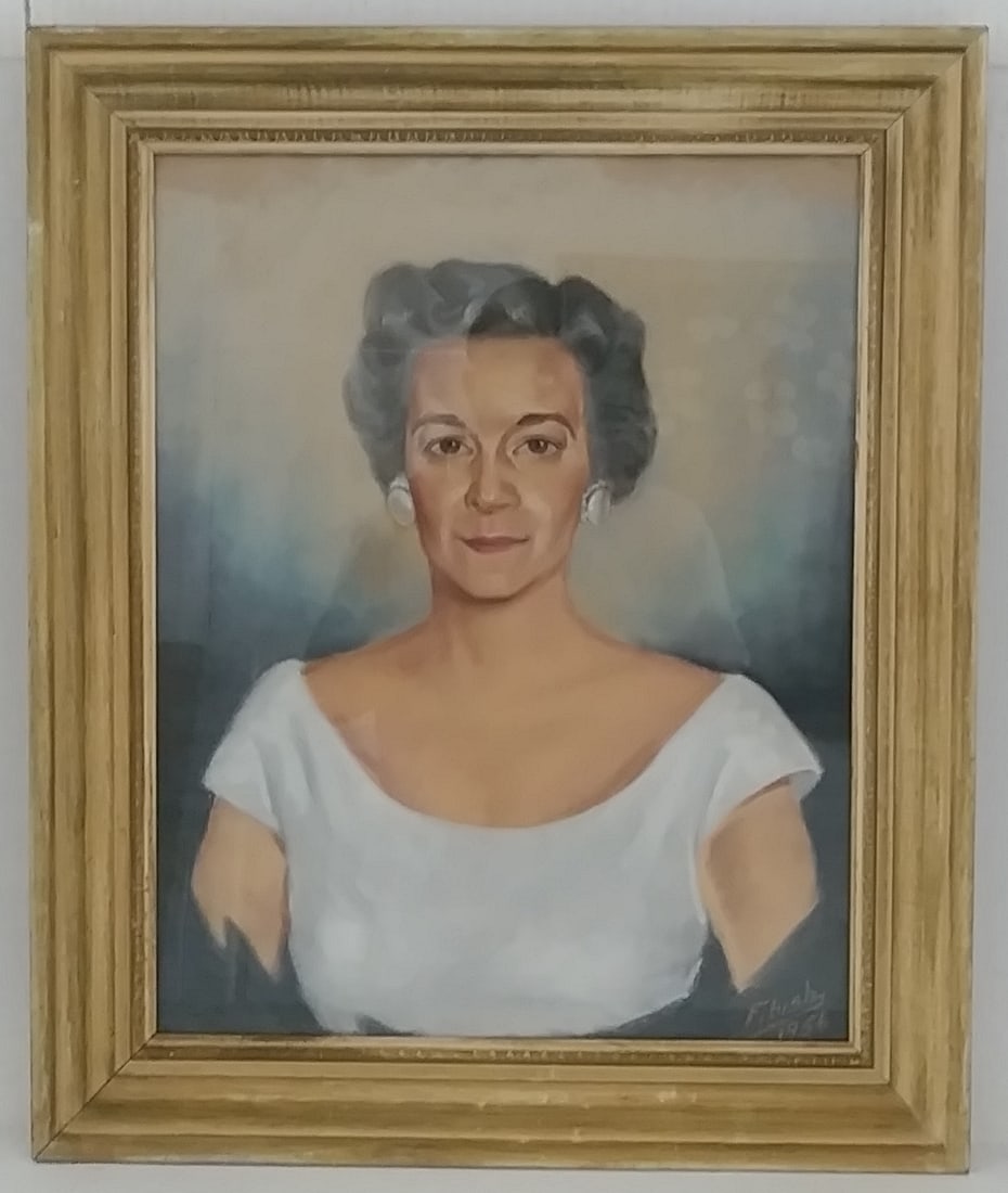 1956 Fibish AME - Lady Pastel-Charcoal Painting Signed: 1956 Fibish AME - Lady Pastel-Charcoal Painting Signed. Approx Opening Measurements: 12 x 16 inches. Approx Frame Measurements: 20 1/2 x 24 1/2 x 3 inches. Painting is underglass. See photos as part o