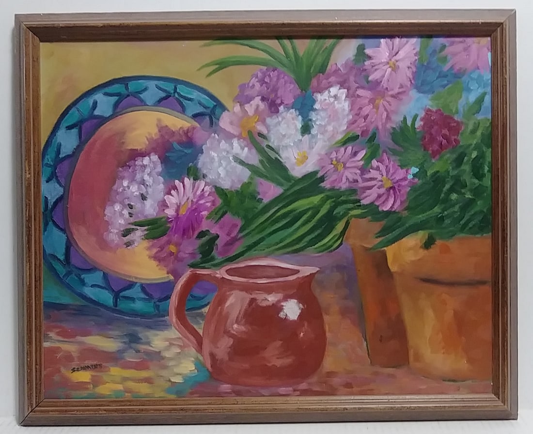 Senmens (Ame) Oil Painting Floral Still Life: Senmens (Ame) Oil Painting Floral Still Life. Approx Painting Size: 16 x 20 inches - Approx Painting Size: 21 x 18 x 1 1/2 inches. Good condition , See photos.