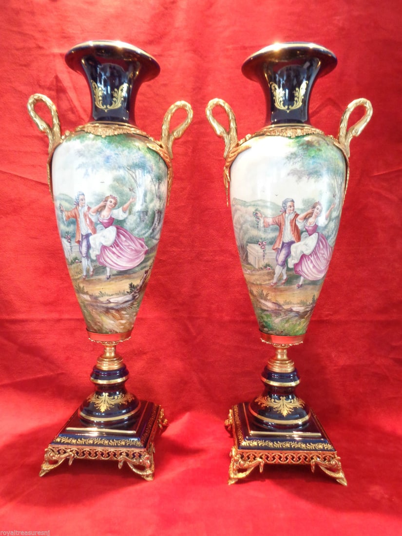 Pair Large Cobalt Blue Porcelain Vase Dore Bronze Swan: Pair Large Cobalt Blue Porcelain Vase Dore Bronze Swan Handle Fragonard Scene Vase. Different Fragonard Scene Front and Back. Measurements Approx:Wide: 9 3/4 - Deep: 6 1/2 - Height: 23 1/2 inches. See