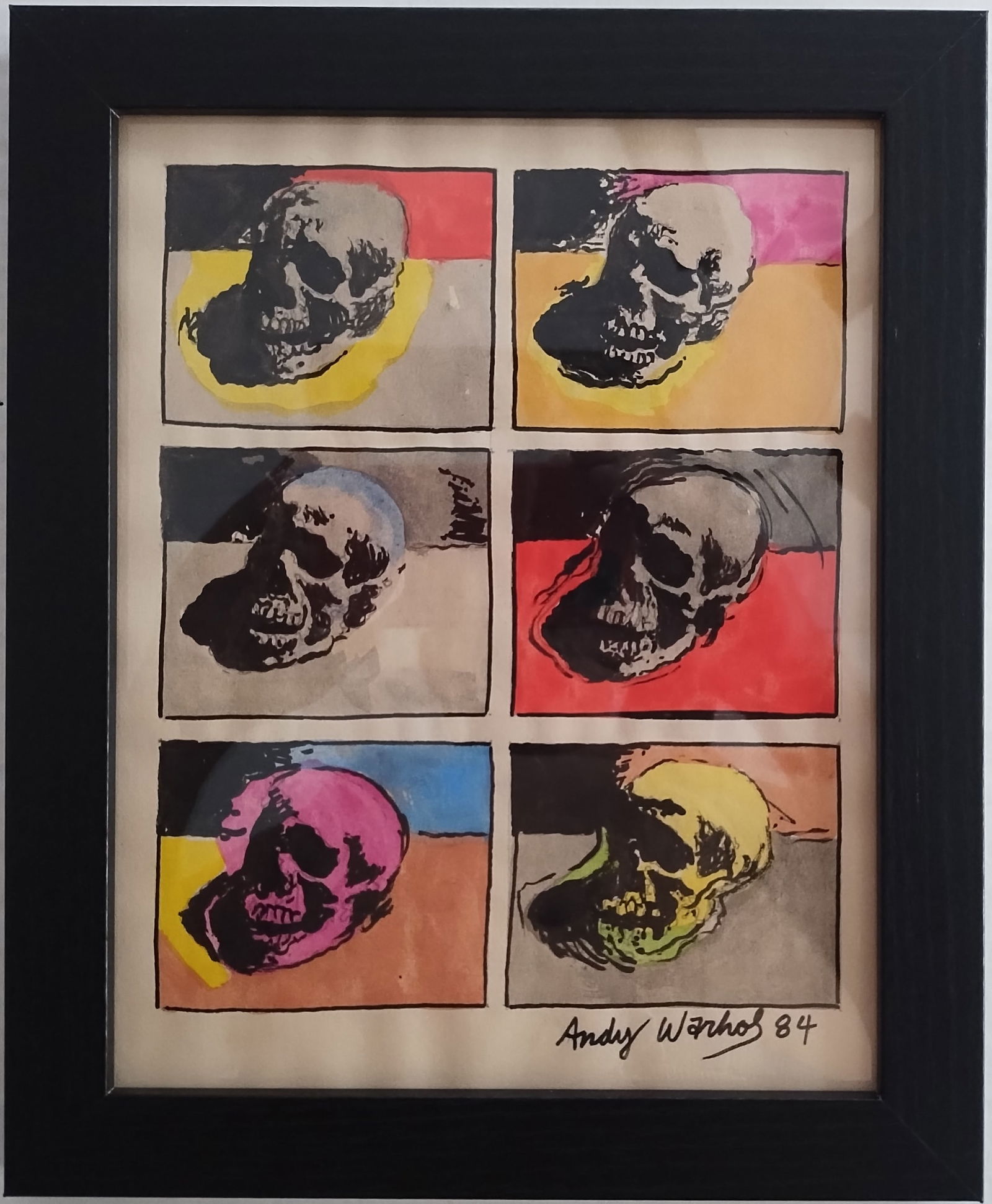 Keith Haring Skull 84 Pop shop NY Drawing on Paper Stamped On Reverse: Keith Haring Skull 84 Pop shop NY Drawing on Paper Stamped On Reverse. Approximately 8 x 10 inches Frame measures 10 x 12 inches The drawing has minor wear from time but over all condition is good.Dra