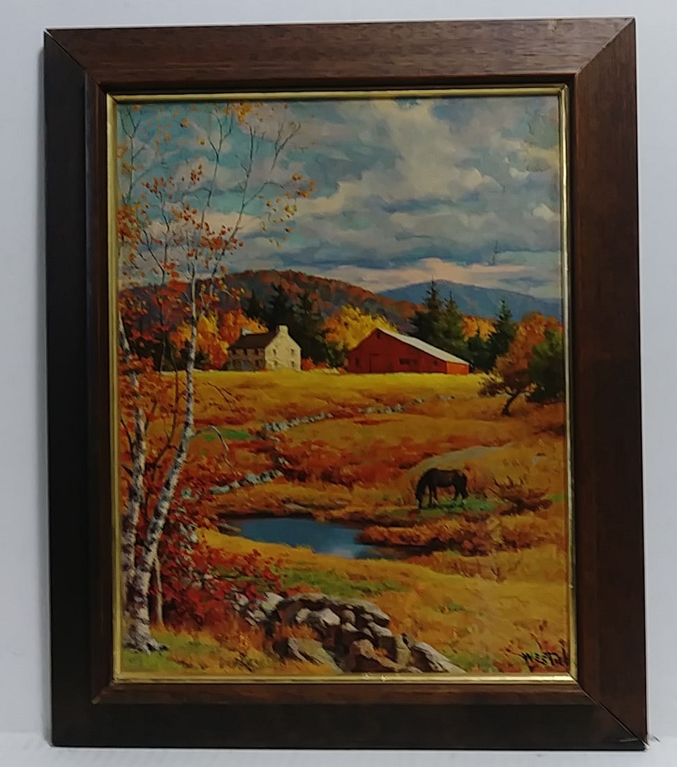 Vintage Framed Litho-Print Old Autumn Pasture by Westal: Vintage Framed Litho-Print Old Autumn Pasture by Westal. Approx Painting Size: 11 x 14 In - Approx Frame Size: 14 x 17 x 1 In. Good condition. See photos Please.