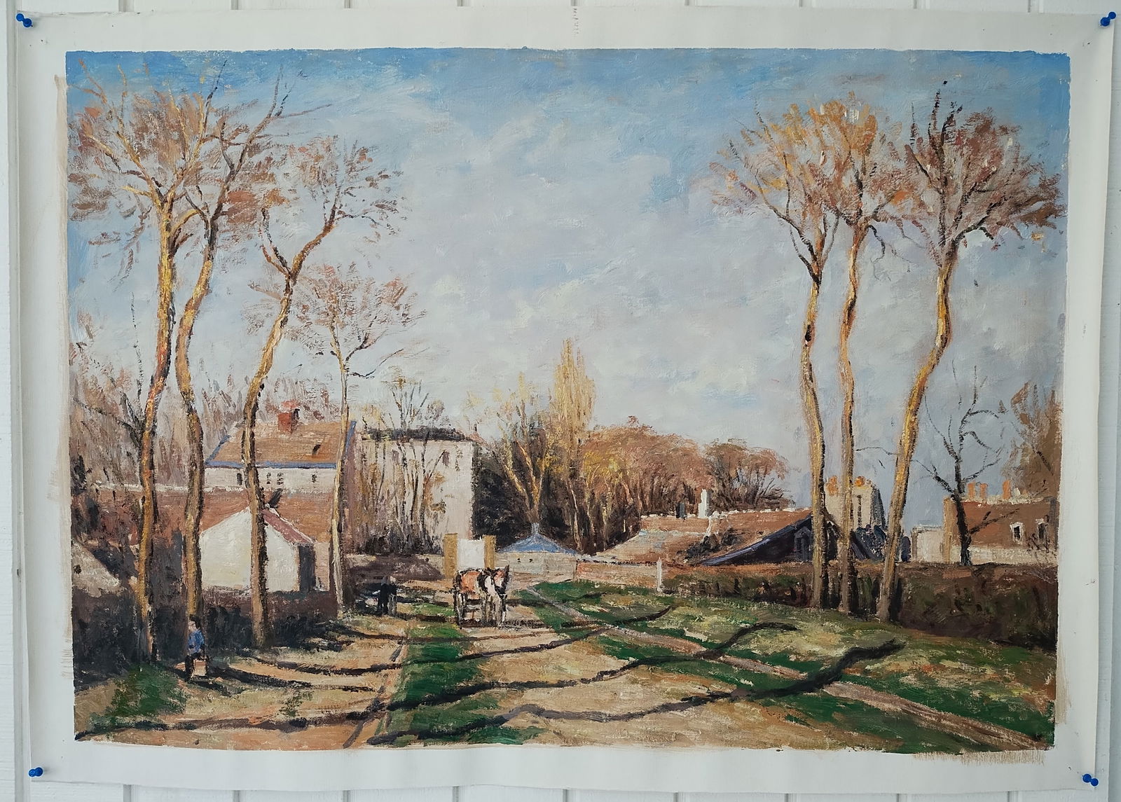 Impressionism Landscape Oil Painting .Entrance to the Village of Voisins: Impressionism Landscape Oil Painting .Entrance to the Village of Voisins-By Camille Pissarro Unframed Reproduction. Ship rolled an a tube- 1 1/2 white border all around. Good condition