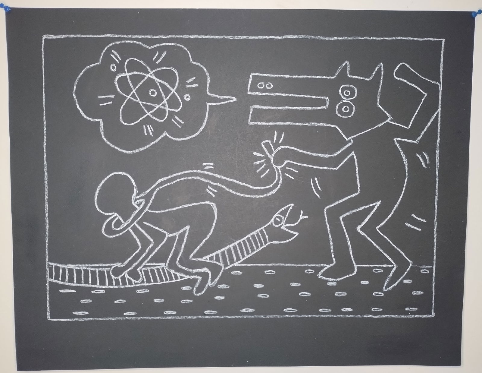 Keith Haring (Handmade) Drawing On Black Paper. 28 x 22 In: Keith Haring (Handmade) Drawing On Black Paper.Large Size: 28 x 22 Inches. It is being sold In the Manner of the artist after, declared as a copy in accordance with the rules,it is not accompanied by