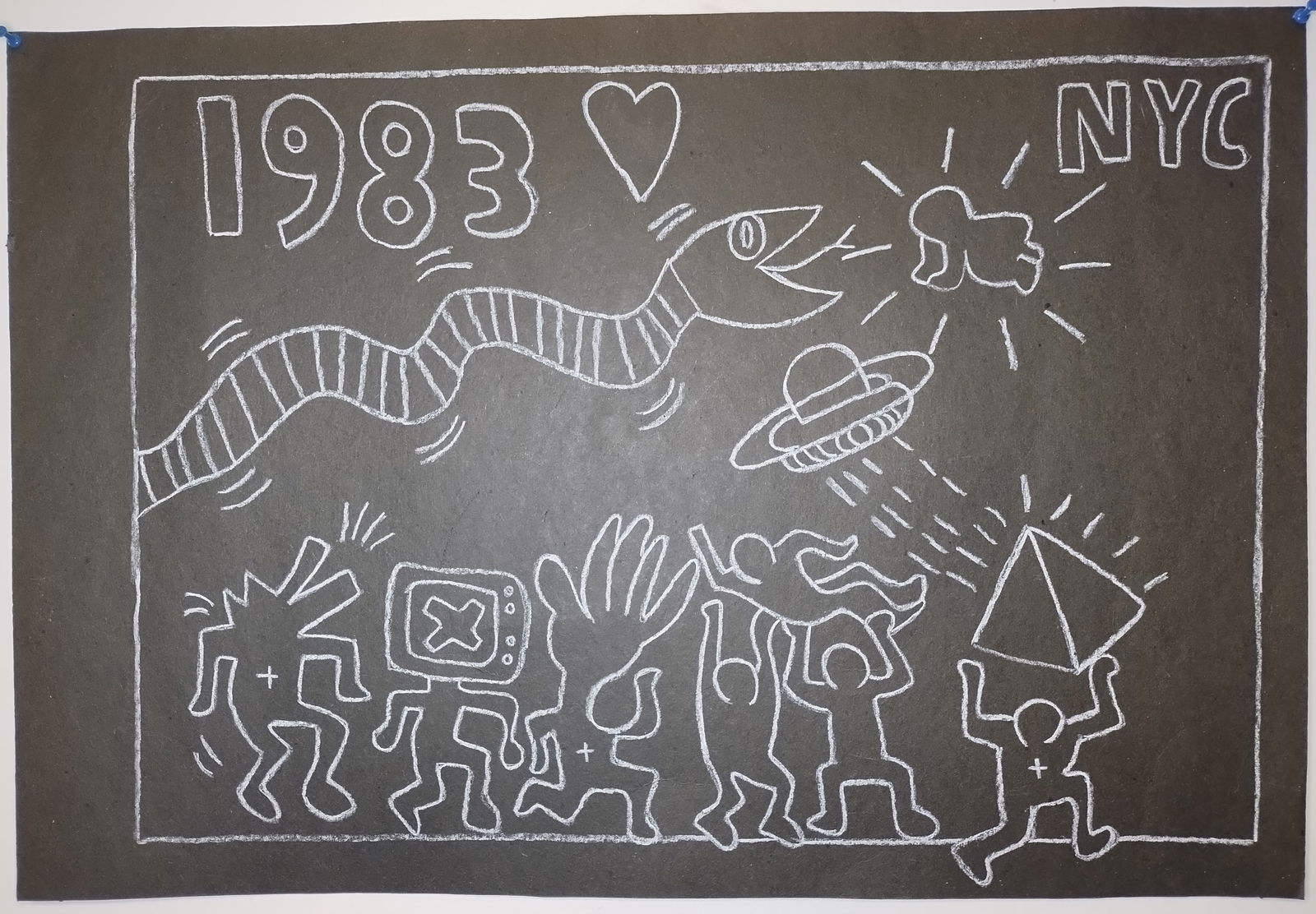 Keith Haring (Handmade) Drawing On Black Paper. 28 x 22 In: Keith Haring (Handmade) Drawing On Black Paper.Large Size: 28 x 22 Inches. It is being sold In the Manner of the artist after, declared as a copy in accordance with the rules,it is not accompanied by
