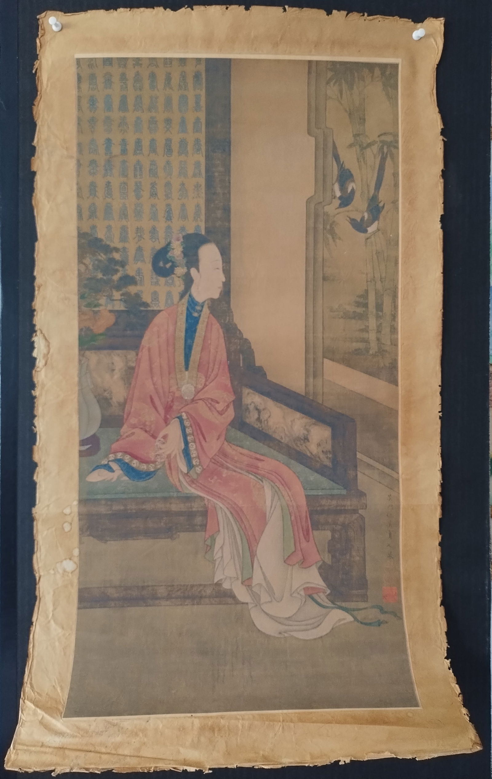 Chinese History Calligraphy Colored Print Scroll: Chinese History Calligraphy Colored Print Scroll. Approx Size:25 x 27 in. Good condition