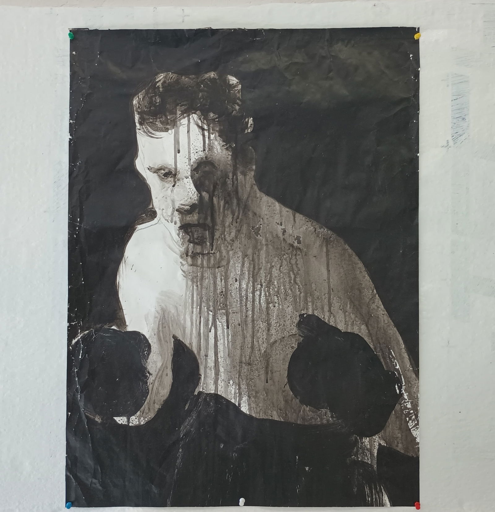 Painting Great Boxing Legend Dramatic Style with Mystery and Power.Painting: Painting Great Boxing Legend Dramatic Style with Mystery and Power.Painting made based on the story of 1980's The Famous Gleason's Gym, Brooklyn. NY Original Handmade Mixed Medium Painting on Paper La