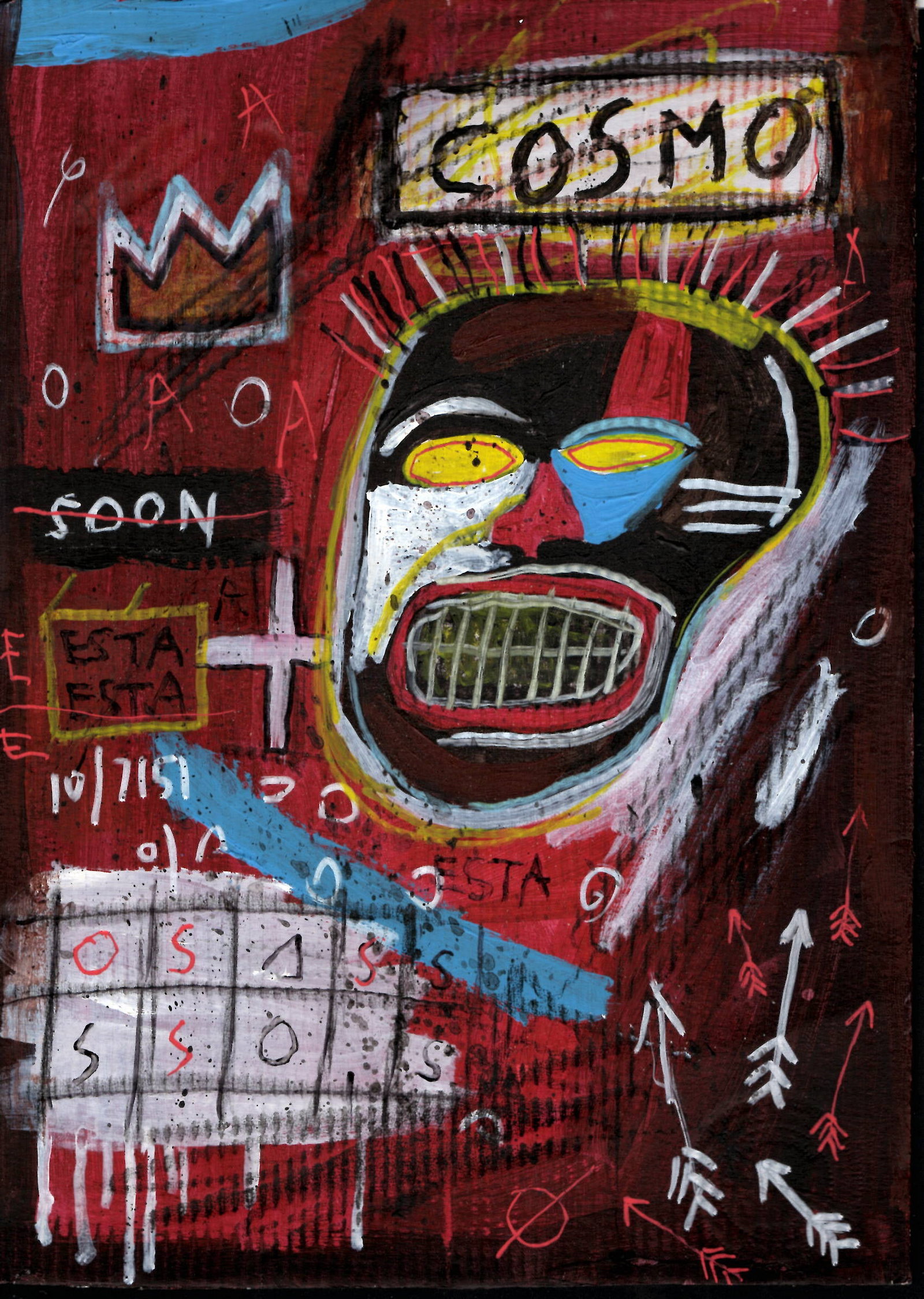 Jean Michel Basquiat NYC Souvenir Painting on Cardboard (NY SAMO COSMO): Jean Michel Basquiat NYC Souvenir Painting on Cardboard (NY SAMO). Size: 11 1/2 x 8 1/4 Inches. Mixed Medium Hand Drawing on Cardboard. Sold as is.Good vintage condition. See photos as part of the des