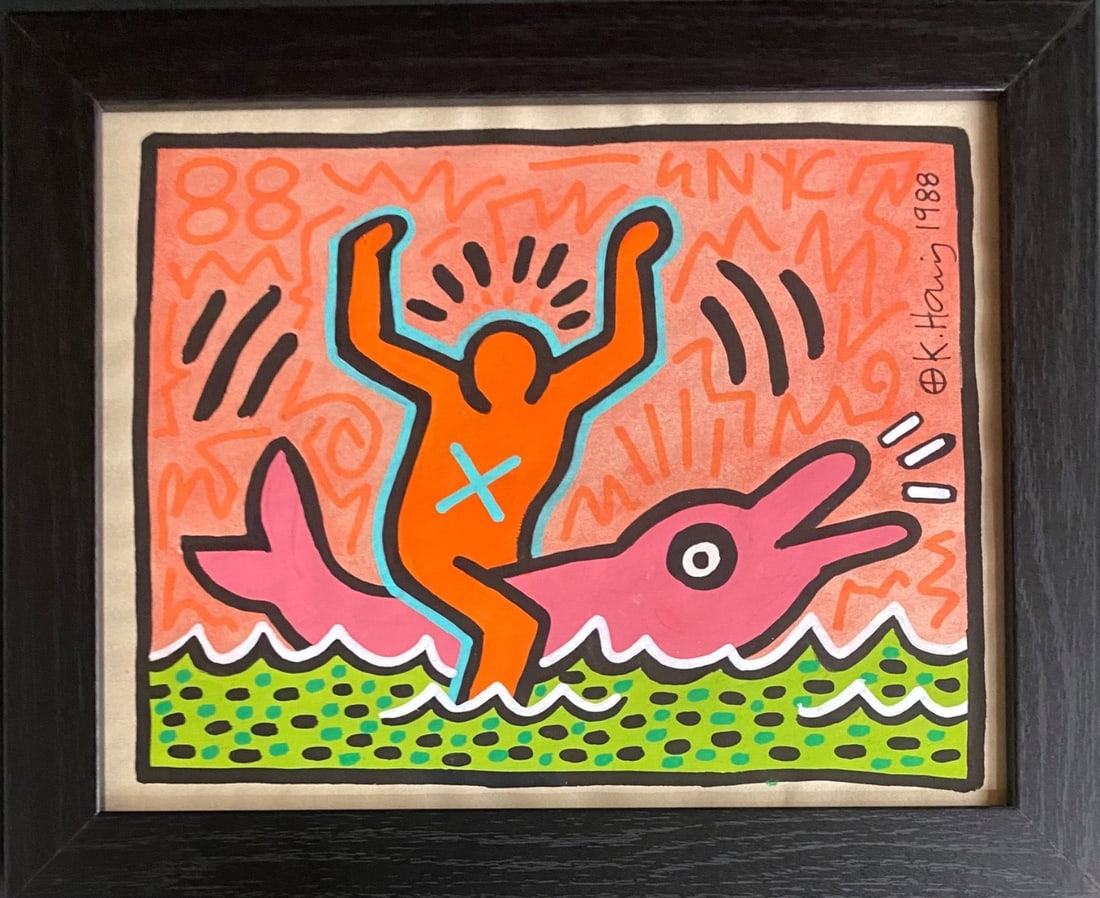 Keith Haring 88 NYC Pop Shop Drawing on Paper Stamped On Reverse: Keith Haring 88 NYC Pop Shop Drawing on Paper Stamped On Reverse. Approximately 8 x 10 inches. Frame measures 10 x 12 inches. The drawing has minor wear from time but over all condition is good.Drawin