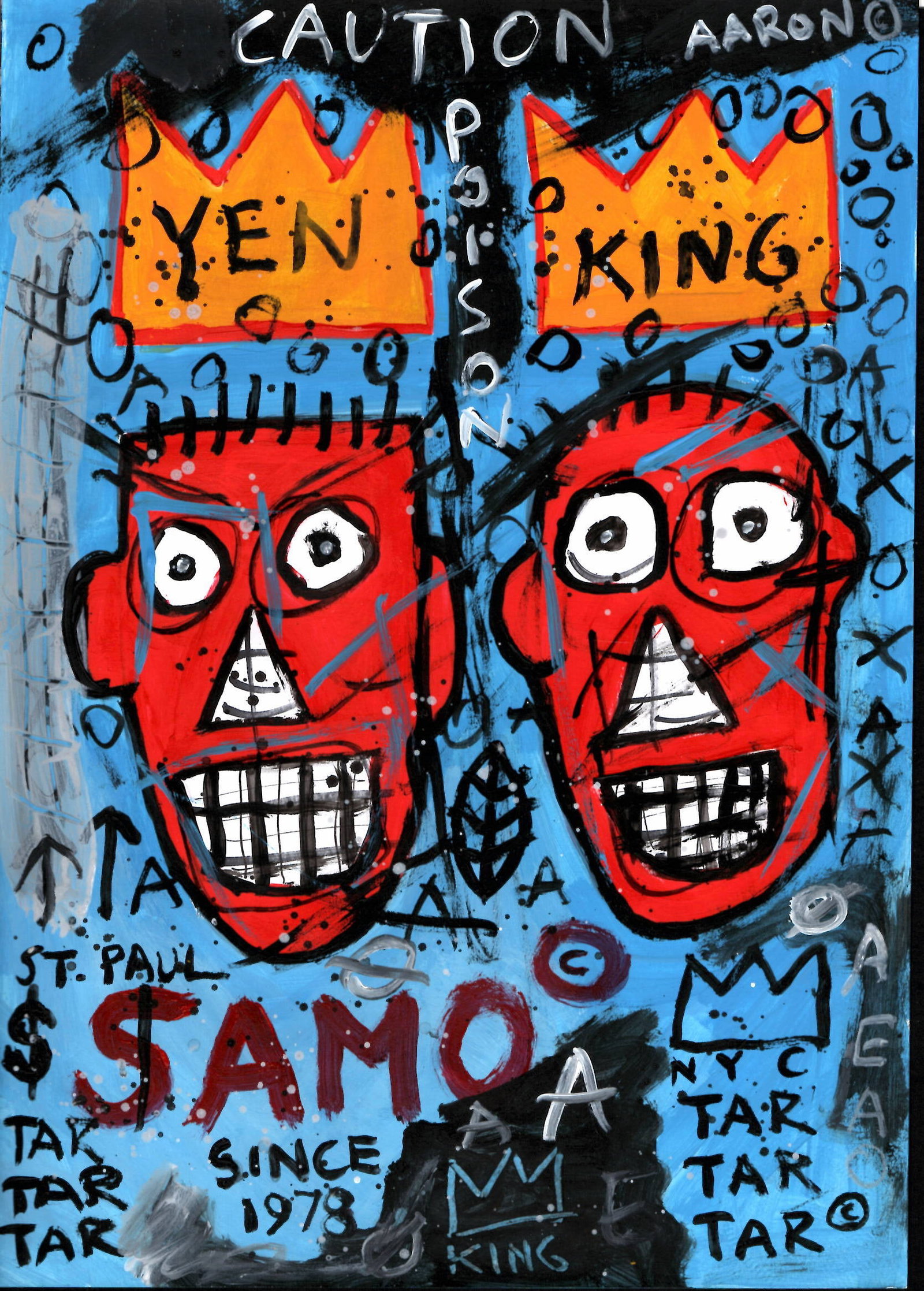 Jean Michel Basquiat NYC Souvenir Painting on Cardboard (NY SAMO YEN KING): Jean Michel Basquiat NYC SouvenirPainting on Cardboard (NY SAMO). Size: 11 1/2 x 8 1/4 Inches. Mixed Medium Hand Drawing on Cardboard. Sold as is.Good vintage condition. See photos as part of the desc