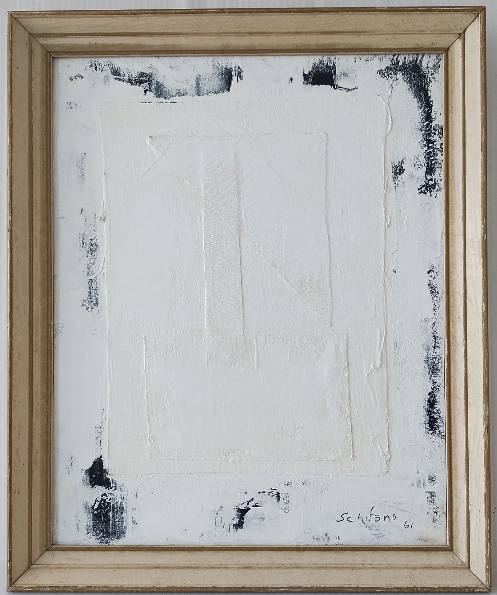 Signed Schifano, Italy (1934 - 1998) Abstract Art Painting on Canvas: Signed Schifano, Italy (1934 - 1998) Abstract Art Painting on Canvas A minimalist Abstract Mixed-media Collage Artwork with a powerful Conceptual Message. This is a one-of-a-kind piece. Approx Paintin