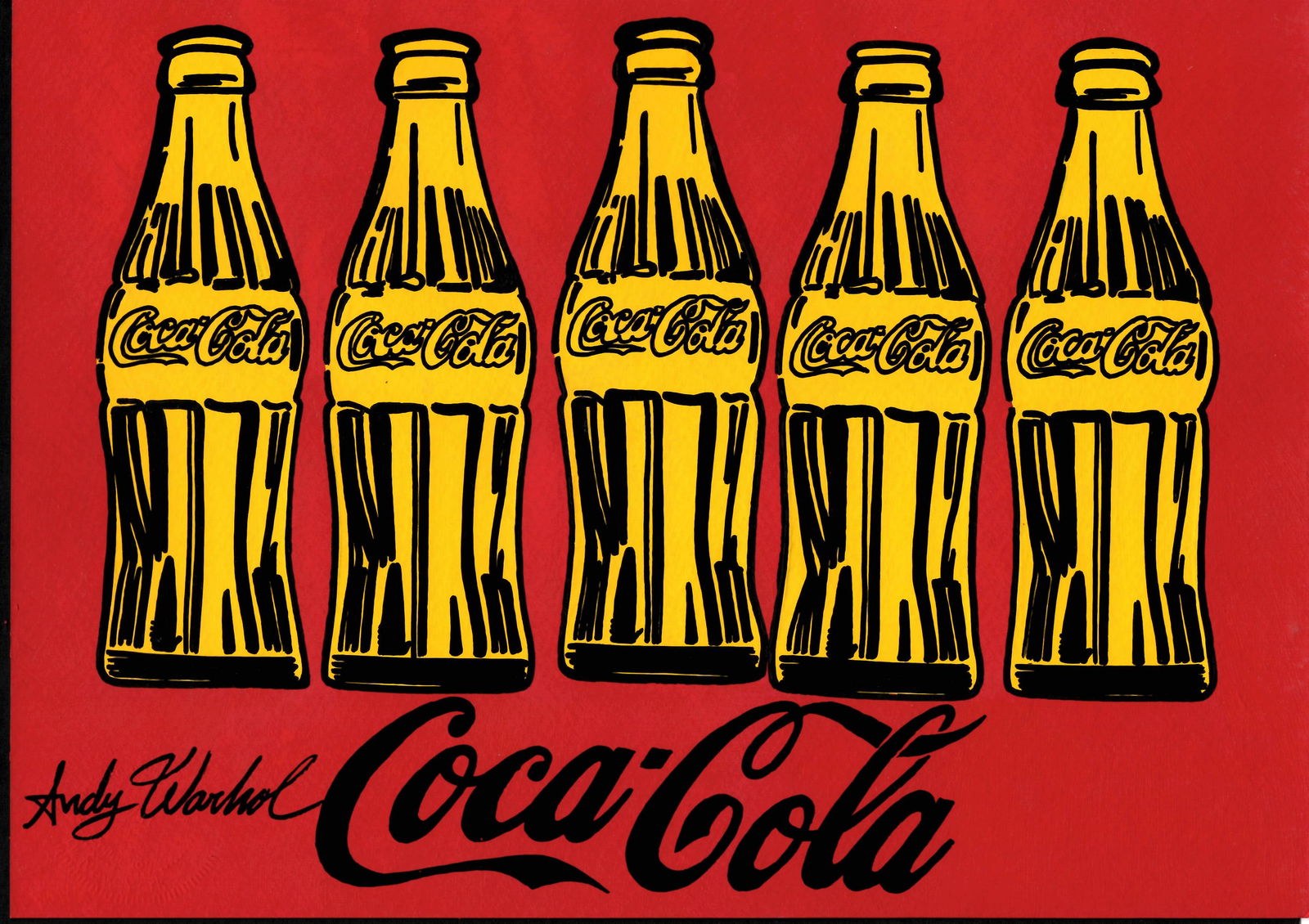 Signed Andy Warhol "5 Coke Bottles"Red Mixed Media Painting on Paper. Stamped on verso (1 of 2)