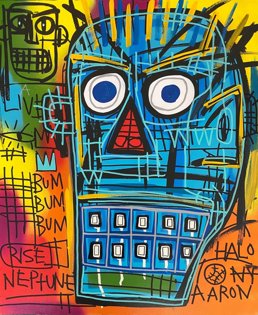1985 Jean-Michel Basquiat Painting on Canvas-Self Portrait HEAD. Stamped on Reverse (1 of 5)