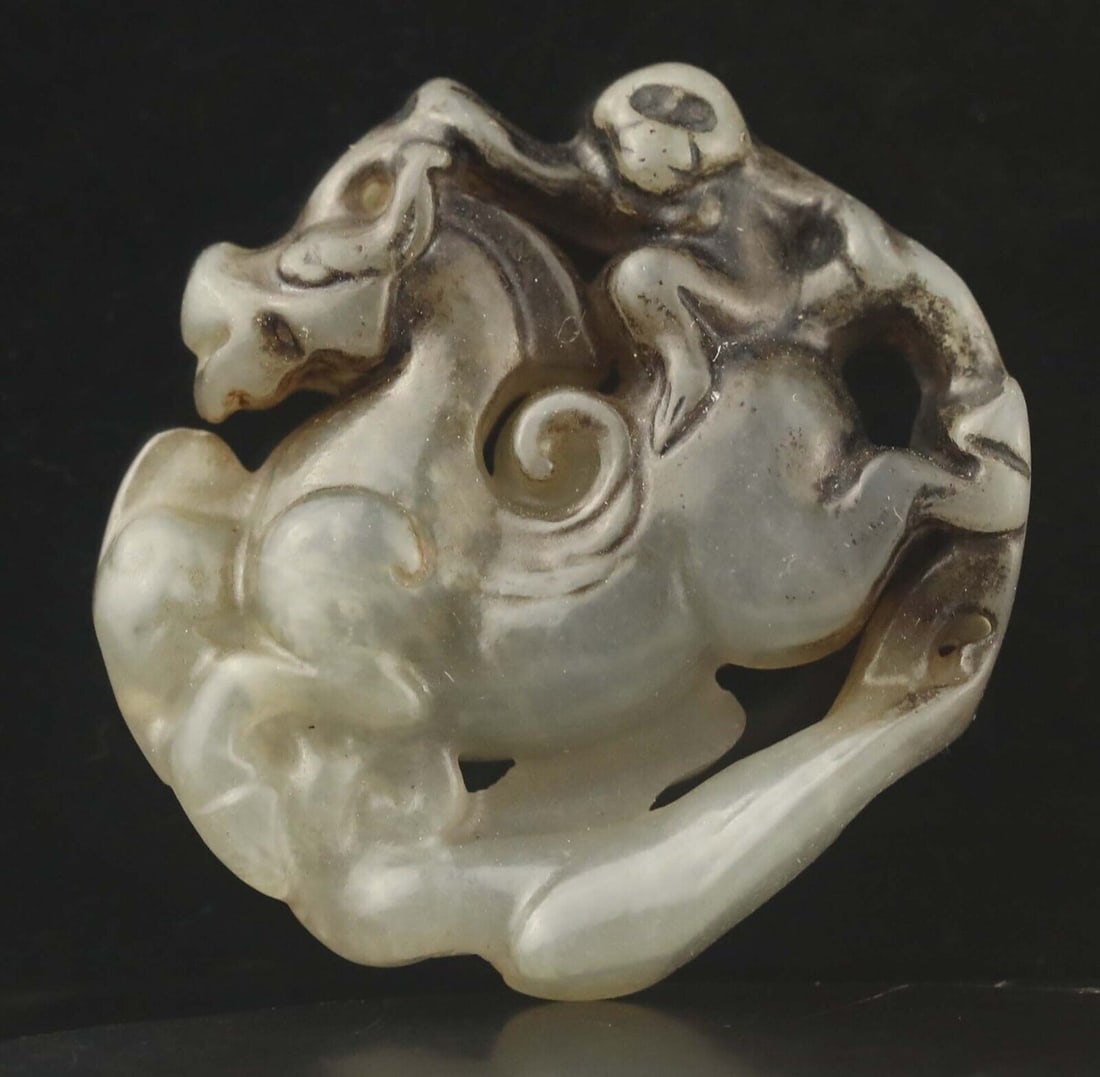 Old Natural Jade Hand-Carved Jade Hand Carved Statue of Monkey on Horse Medallion. Master Carved (1 of 3)