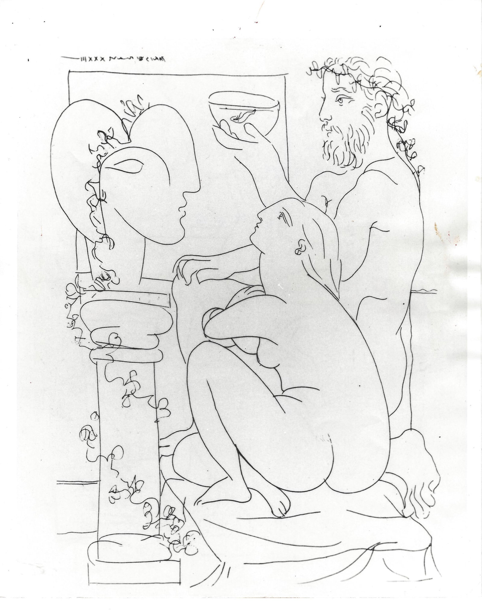 1968 Photo, Sculptor and model with wine cup etching by Pablo Picasso: 1968 Photo Sculptor and model with wine cup etching by Pablo Picasso.Provenance: New York-Based Photography Collector & Curator -Collection of Rare Photographs. Approx Size: 8 x 10 inches. Photo may h