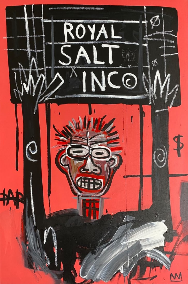 1982 Jean-Michel Basquiat Painting on Canvas-Self Portrait: 1982 Jean-Michel Basquiat Painting on Canvas-Self Portrait. Stamped on Reverse.Painting Size: 36 x 24 inches.It is being sold in the manner or style of the artist after, declared as a copy in