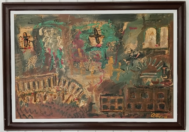 Signed Painting German Post War Expressionism . Jewish: Signed Painting German Post War Expressionism . Jewish . Painting Size: 36 x 24 inches. Frame Size: 48 x 28 x 2 inches. Mixed Medium on Massonite. Wood Frame - Frame may have scratches and marks due