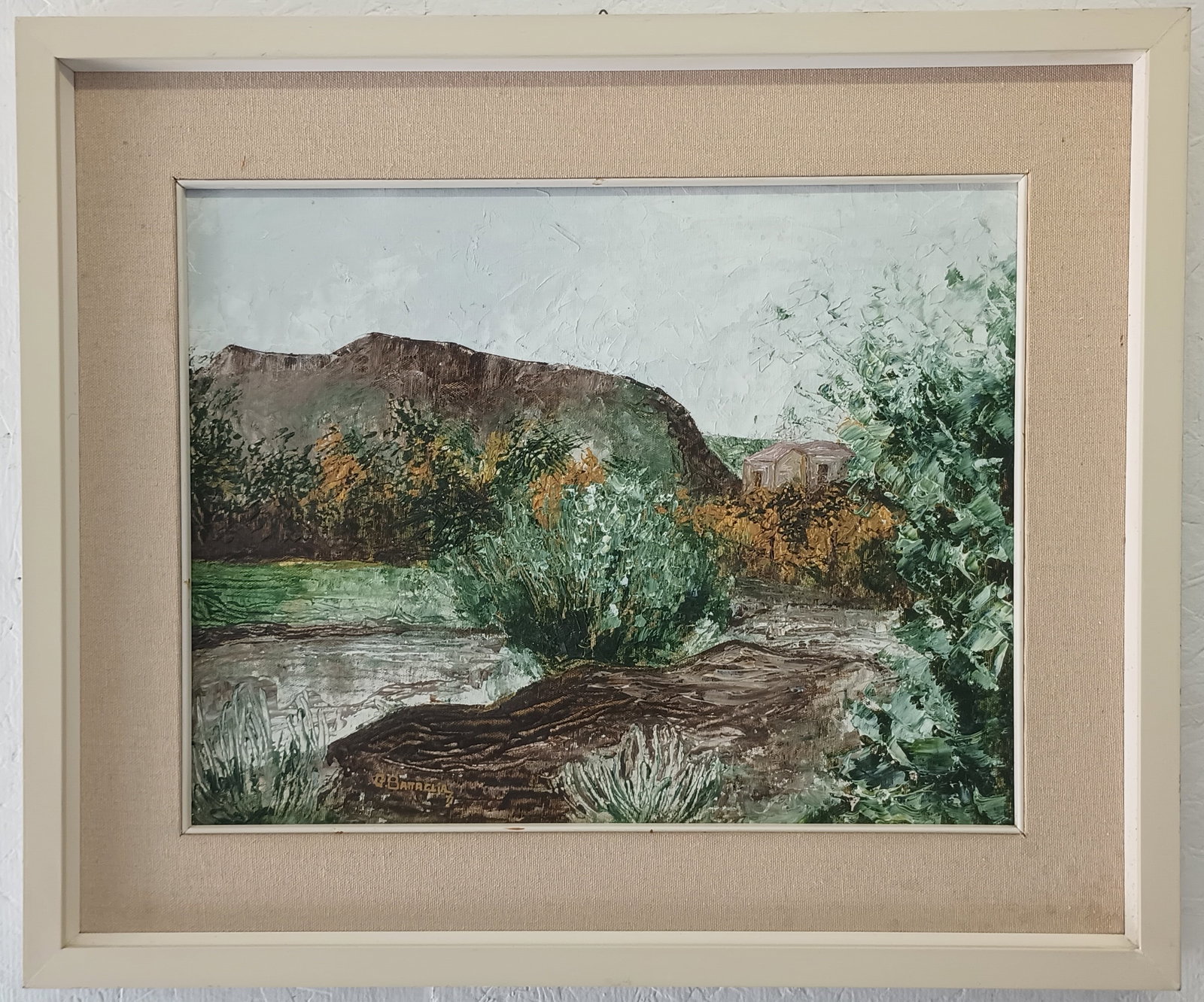 G. Battaglia Oil Painting on Canvas: G. Battaglia Oil Painting on Canvas. Landscape Oil Painting on Canvas . Approx Painting Size: 18 x 24 - Approx Frame Size:20 1/2 x 27 x 2 inches.Good vintage condition. See photos as part of the descr