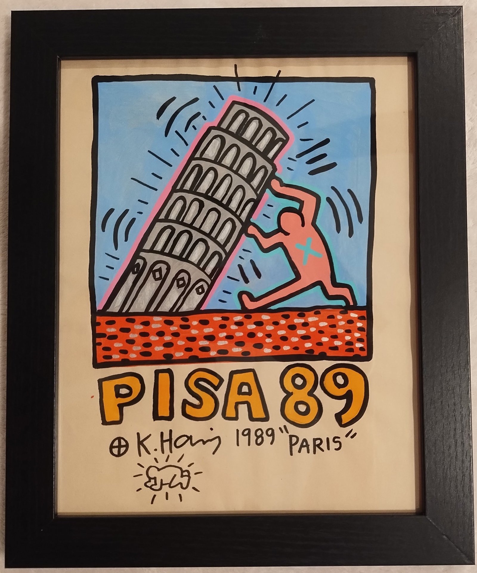 Keith Haring 89 Paris Drawing Stamped On reverse: Keith Haring 89 Paris Drawing Stamped On reverse. Approximately 8 x 10 inchesThe frame measures 10 x 12 inchesThe drawing has minor wear from time but over all. Good condition.The drawing was acquired