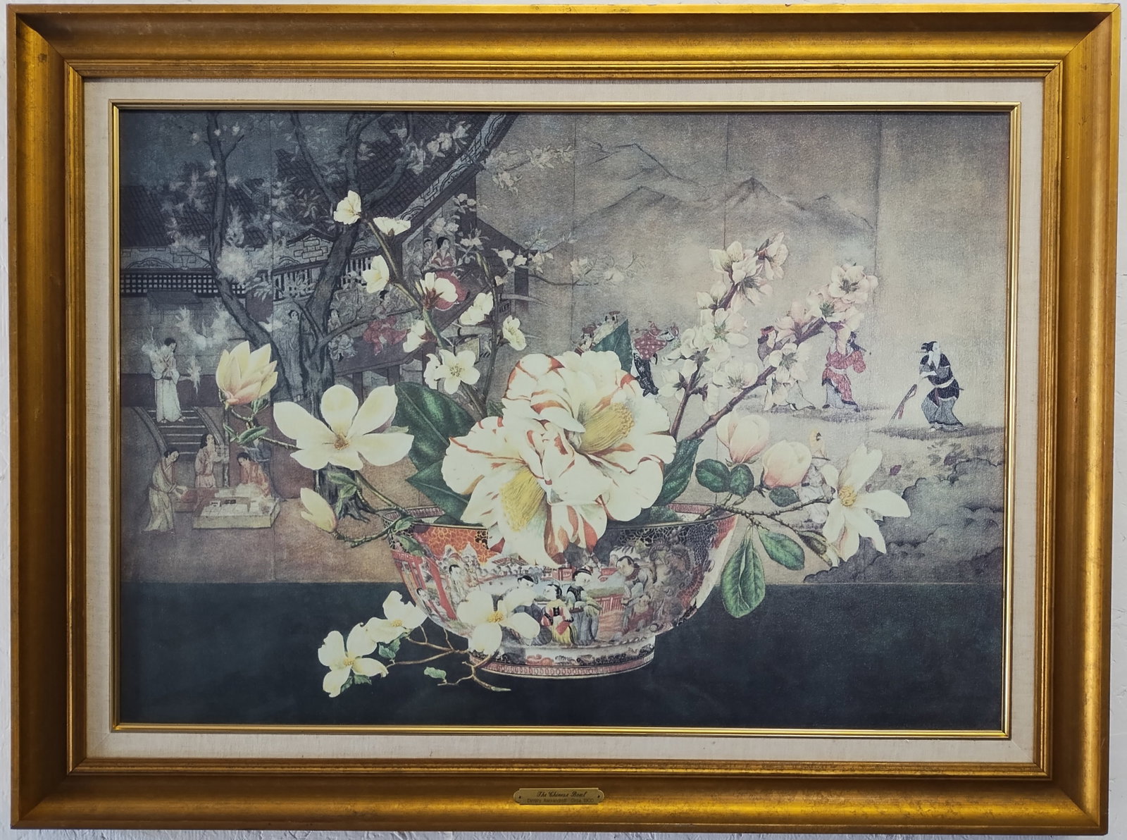 Vintage Dimitry Alexandroff "The Chinese Bowl" Canvas Print in Mid Century Gold Solid Wood frame: Vintage Dimitry Alexandroff "The Chinese Bowl" Canvas Print in Mid Century Gold Solid Wood frame. Approx: Window Measurements: 30 x 21 inches. Approx Frame Measurements: 36 x 27 x 3 inches. Good Condi