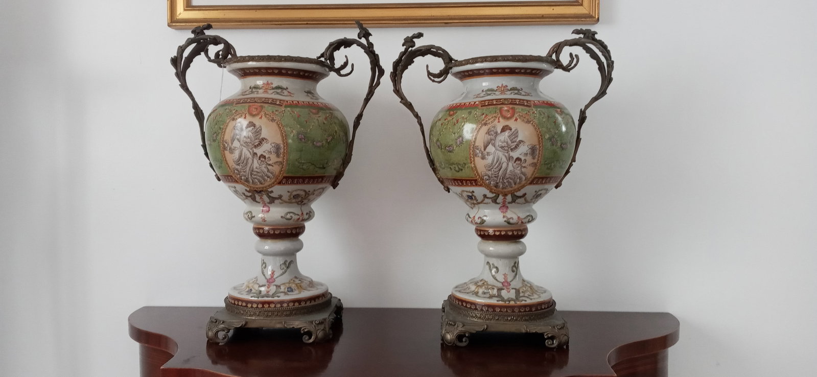 Pair of `Porcelain and Bronze Vase Scroll Handle.: Pair of `Porcelain and Bronze Vase Scroll Handle. Measurement : 19 H x 14 Wide. These piece are in excellent condition.WE PACK AND SHIP FOR YOU. WE TAKE CARE OF THE SHIPPING SERVICES IN HOUSE .