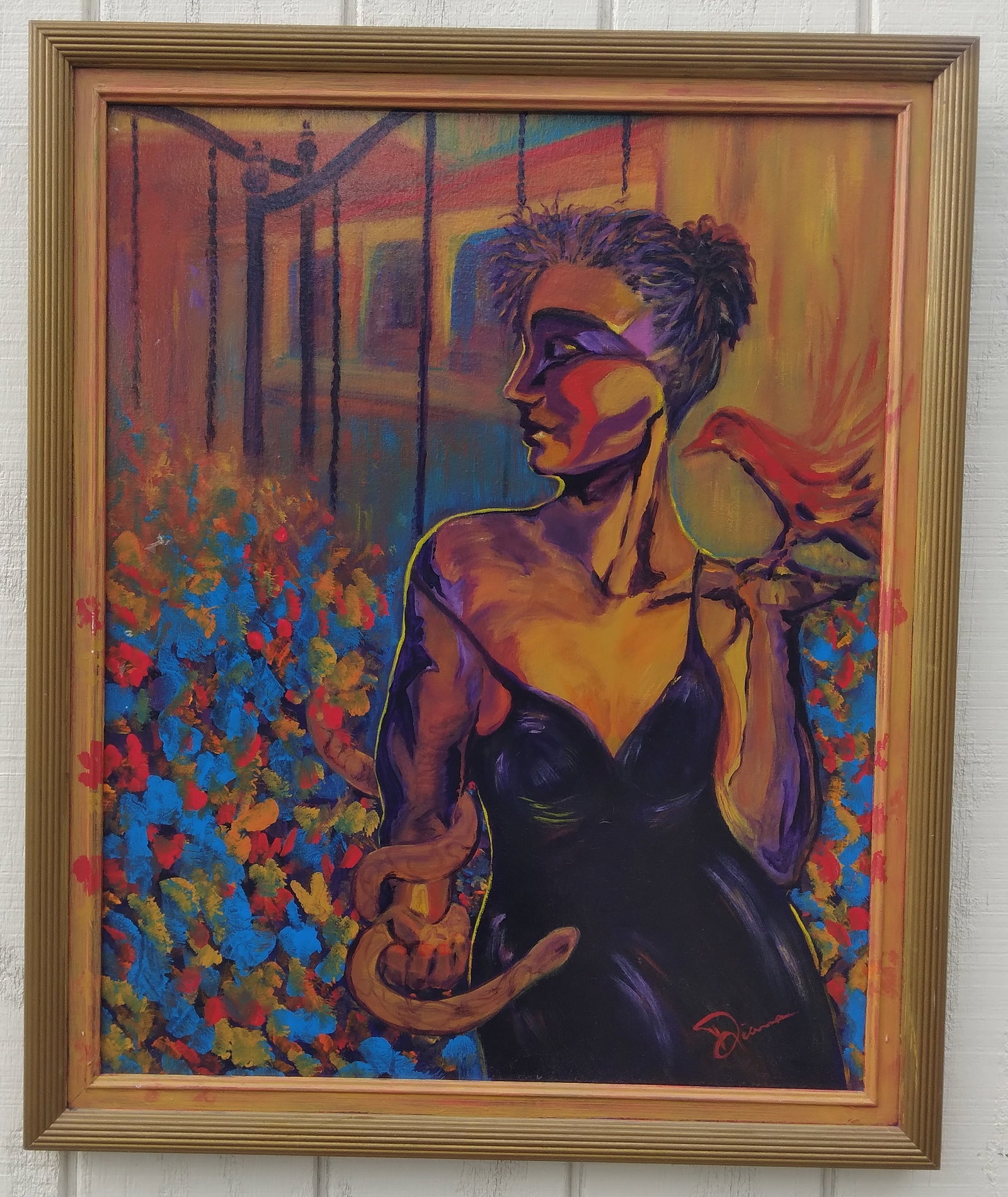 Rare Vintage Girl-Snake-Bird Signed Oil Painting.: Rare Vintage Girl-Snake-Bird Signed Oil Painting. Approximate Painting: Size:24 x 30 Inches. Approximate Frame Size:34 x 28 x 3 Inches. Some Scratch on frame.Vintage Condition -SEE PHOTOS for