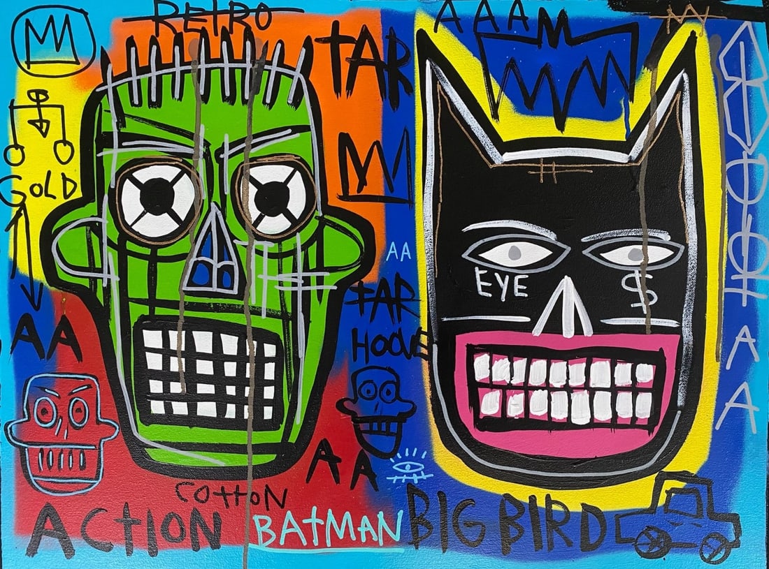 1982 Jean-Michel Basquiat Painting on Canvas-Self Portrait: 1984 Jean-Michel Basquiat Painting on Canvas-Self Portrait. Stamped on Reverse.Painting Size: 24 x 18 inches.It is being sold in the manner or style of the artist after, declared as a copy in