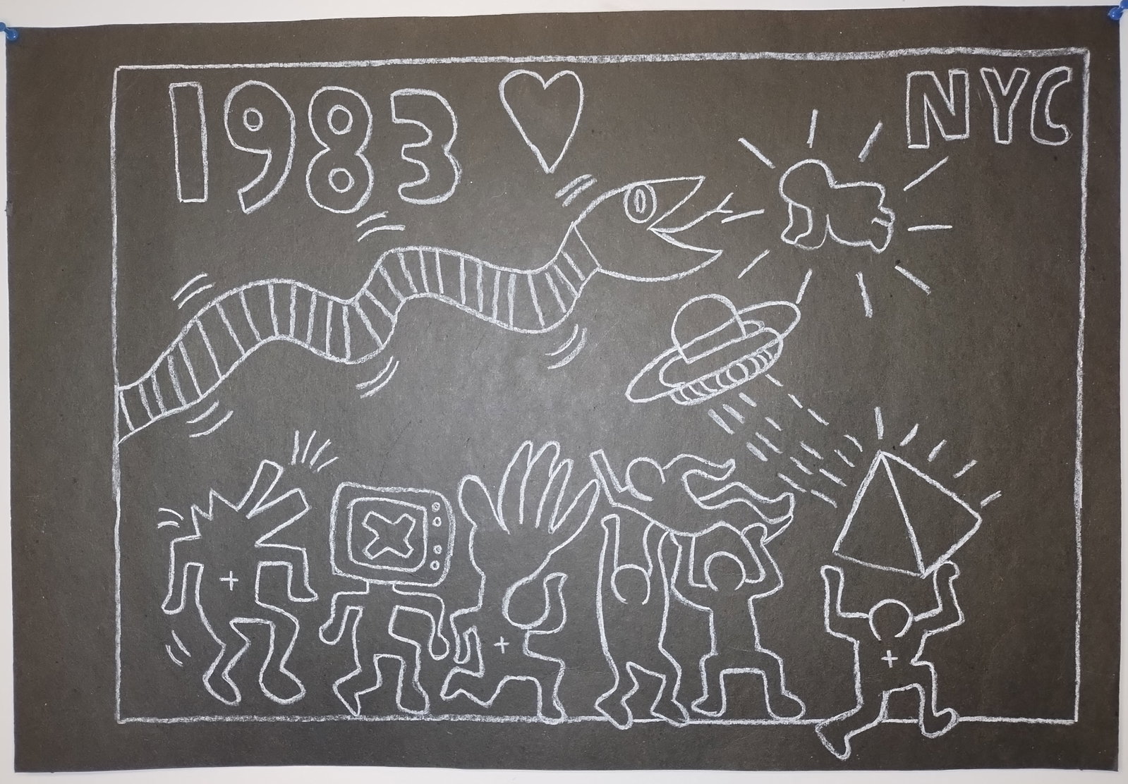 Keith Haring (Handmade) Drawing On Black Paper. 28 x 22 In: Keith Haring (Handmade) Drawing On Black Paper.Large Size: 28 x 22 Inches. It is being sold In the Manner of the artist after, declared as a copy in accordance with the rules,it is not accompanied by 