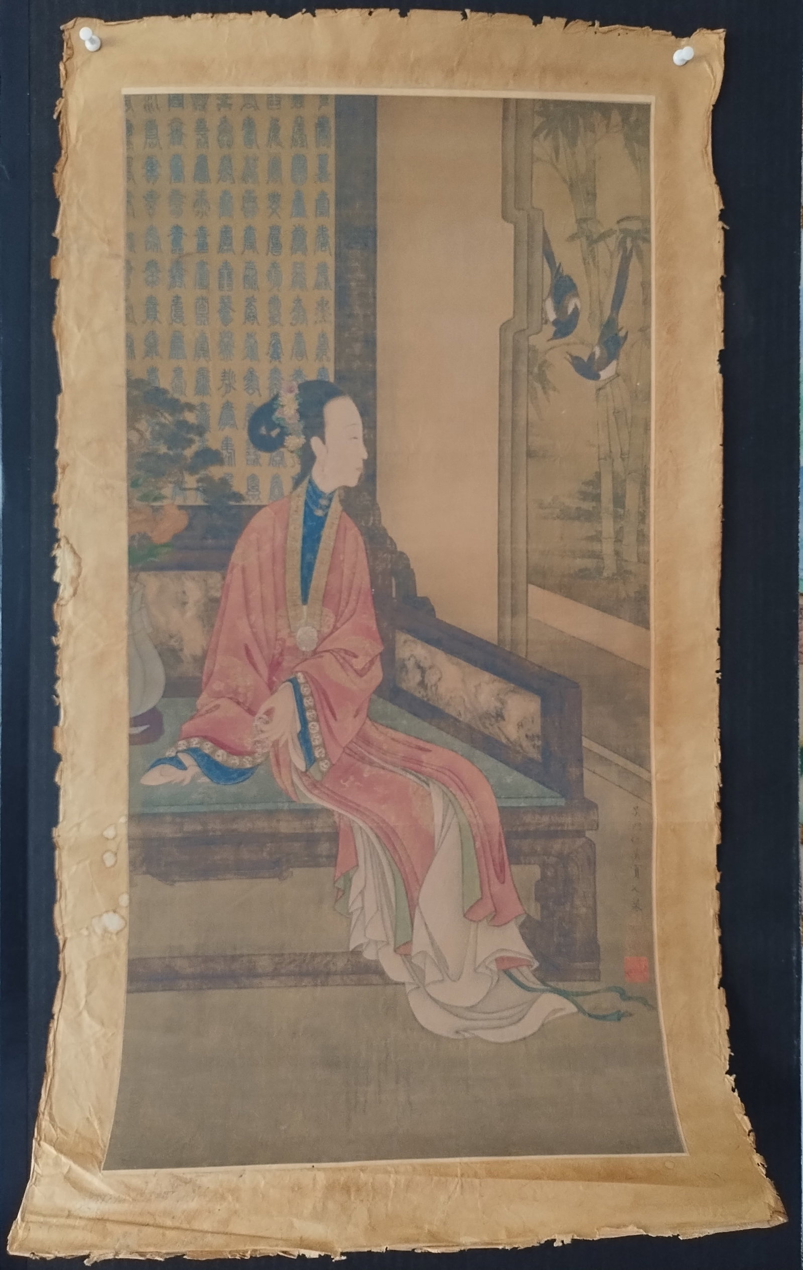 Chinese History Calligraphy Colored Print Scroll: Chinese History Calligraphy Colored Print Scroll. Approx Size:25 x 27 in. Good condition