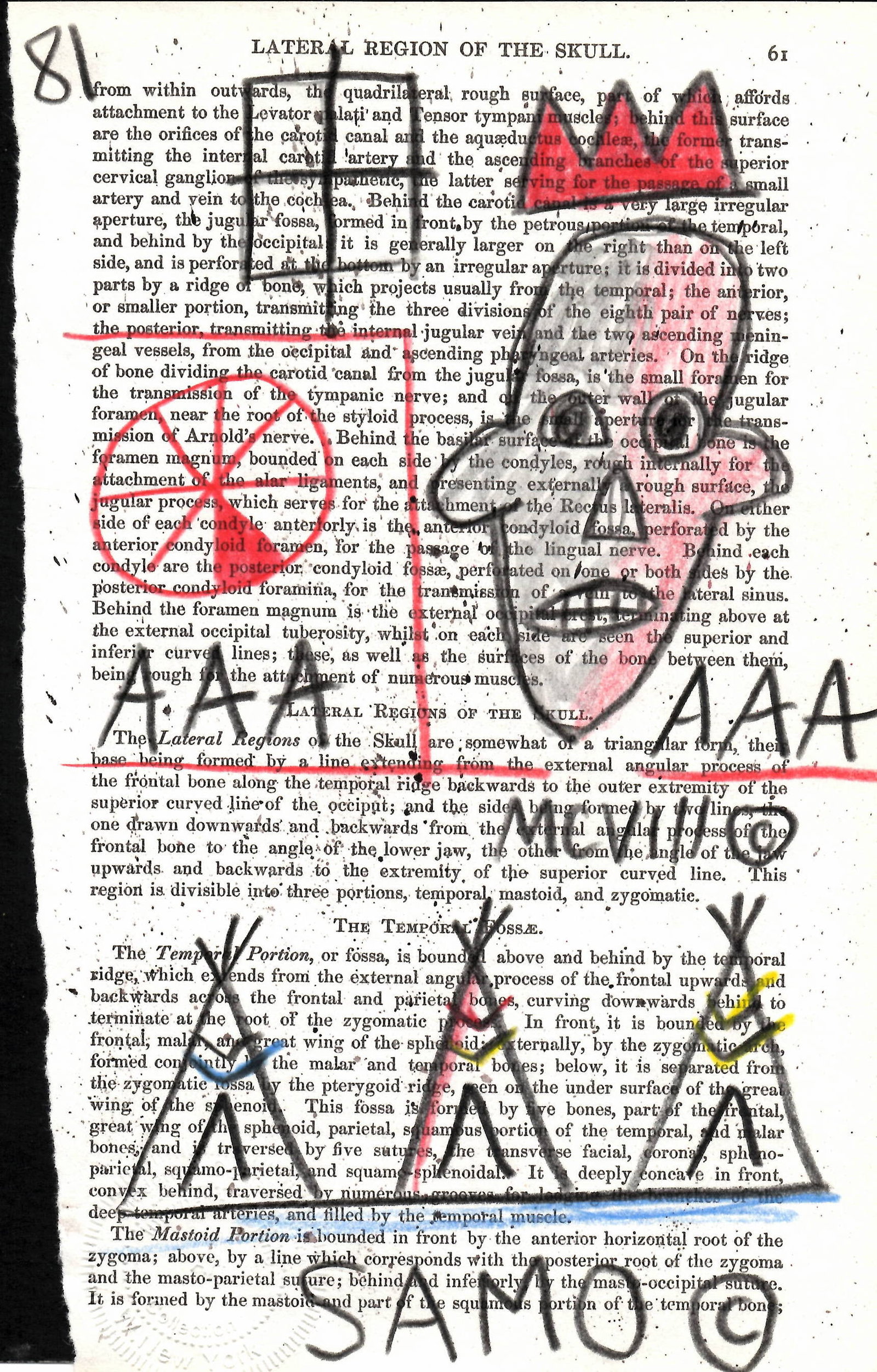 BASQUIAT; AAA NYC. Mixed Media on Gray's Anatomy Book Leaf.Embossed Stamp (1 of 2)
