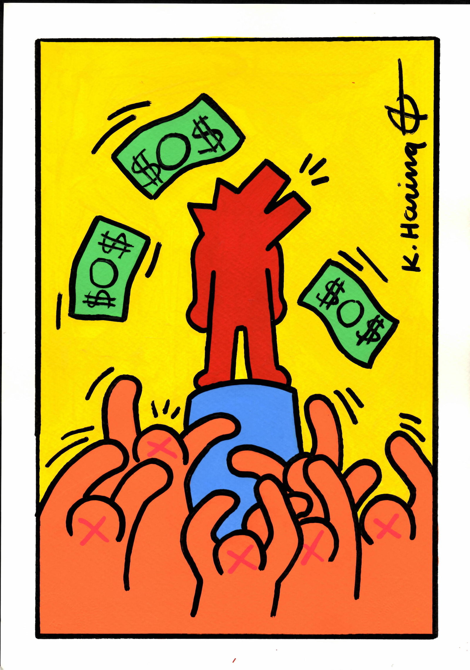 Signed K Haring Money Dog Mixed Media Painting on Paper. Stamped on Verso: Signed K Haring Money Dog Mixed Media Painting on Paper. Stamped on Verso Approx Size: 11 3/4 x 8 1/2 inches. Provenance: This item has limited provenance from an Upper New York estate. All lots that 
