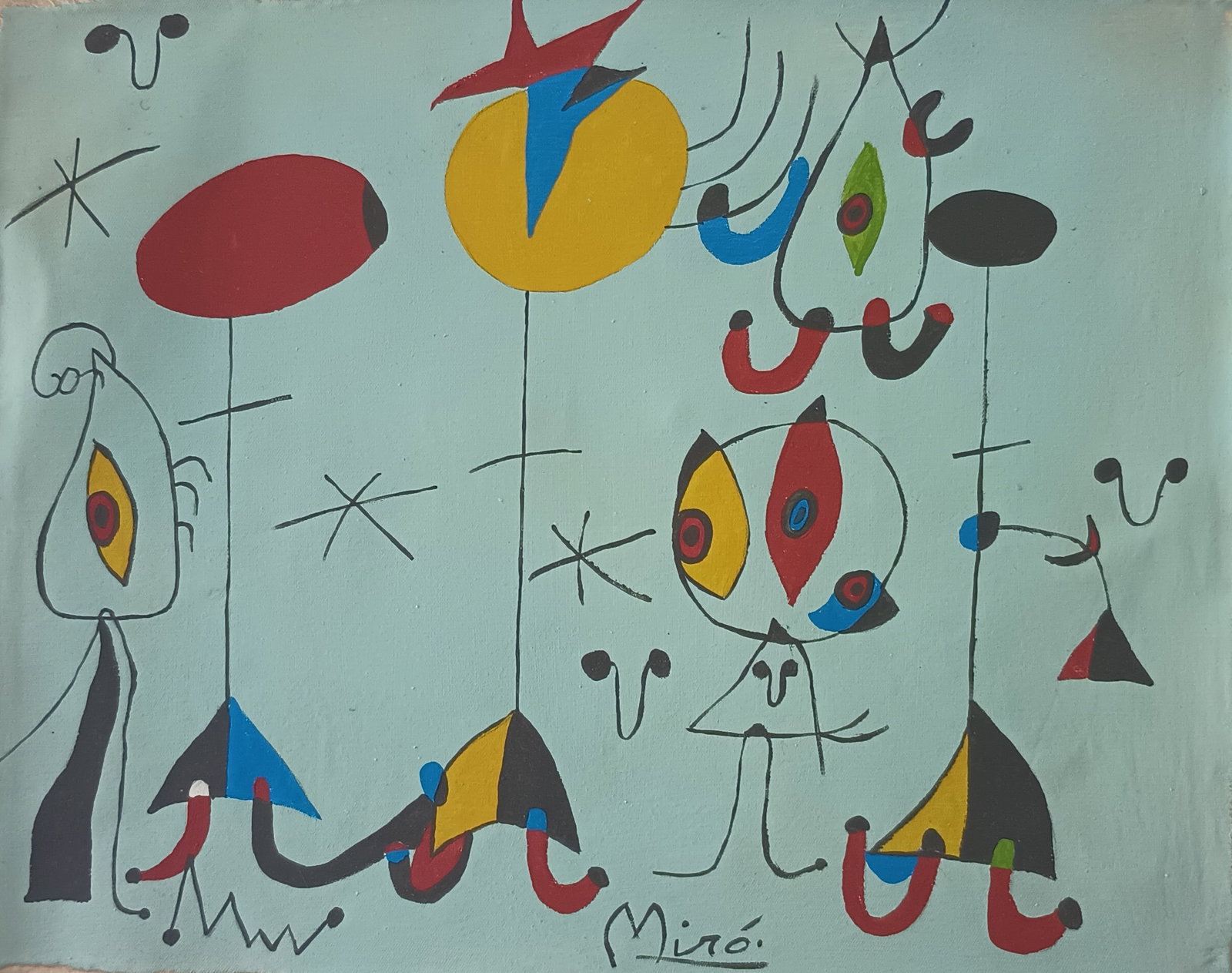 Vintage Abstract Painting On Canvas Signed Miro , Modern Art 20th Century.: Vintage Abstract Painting On Canvas Signed Miro , Modern Art 20th Century. Approx Painting: 21 1/2 x 19 1/2 inches.See Photos as part of the description. This Lot has no established documentation. The