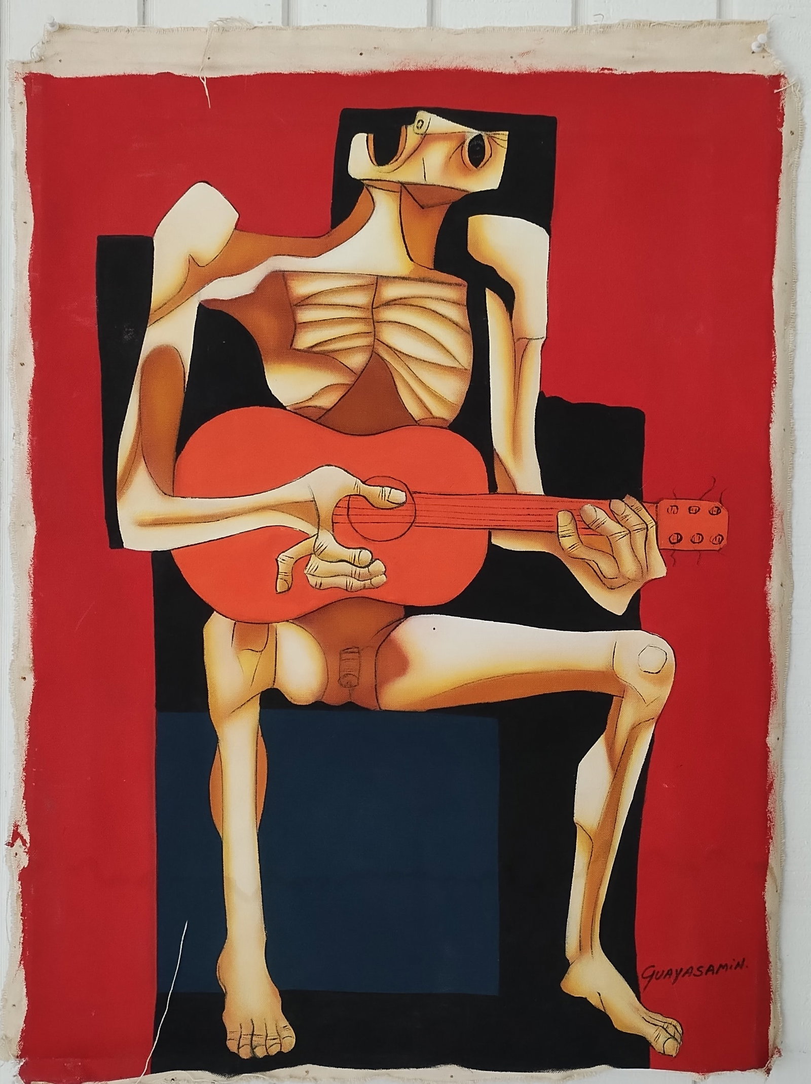 Guayasamín El Guitarrista Painting on Canvas: Guayasamín “El Guitarrista” Painting on Canvas Size: Approx. 29 1/2 x 22 inches (unstretched canvas) Condition: Good; canvas edges are slightly frayed from previous storage Good vinta