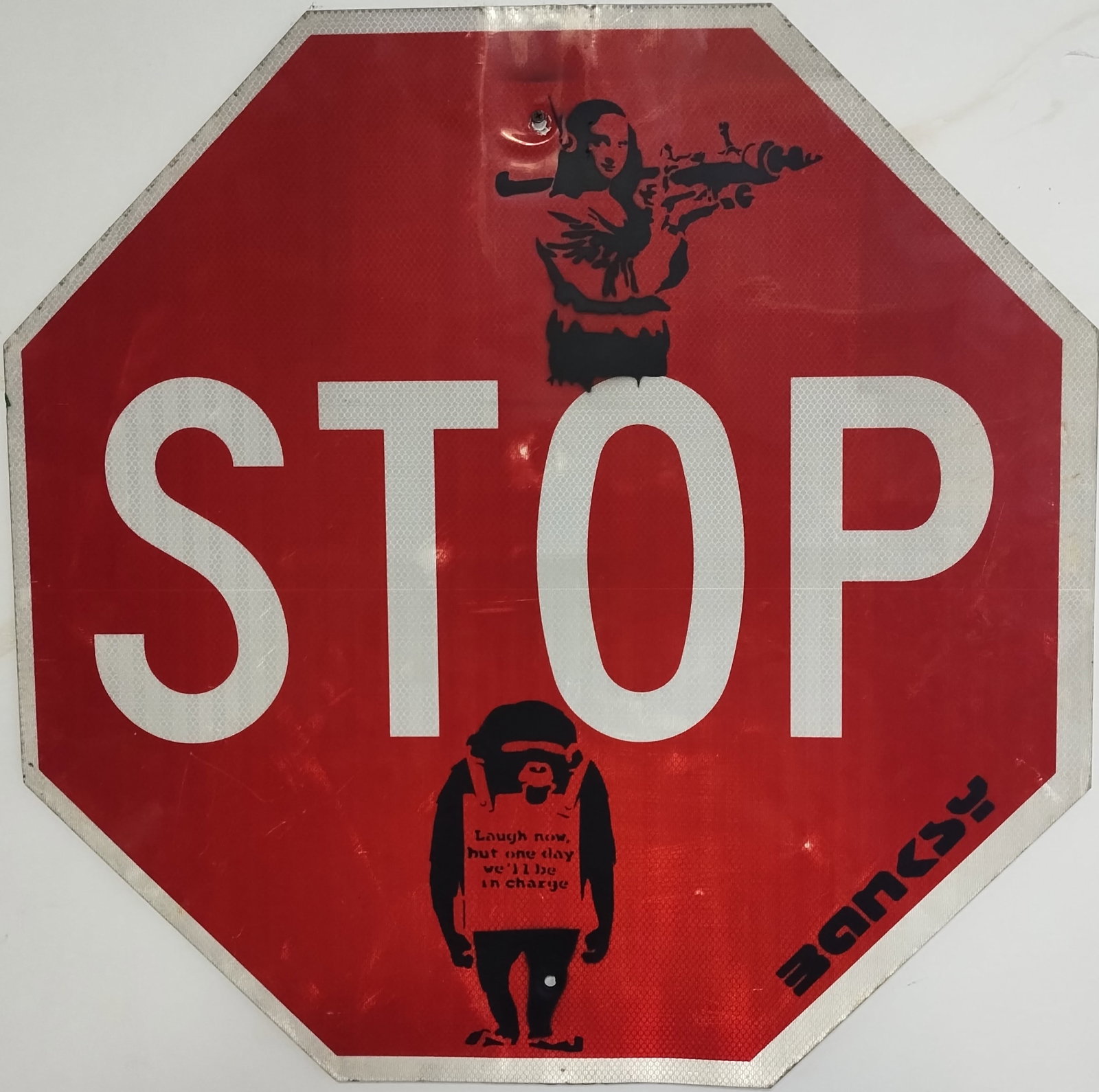 Original Detroit,Michigan Banksy's -Laugh Now - Mona Lisa Bazooka - Street Stop Sign Painting. (1 of 5)