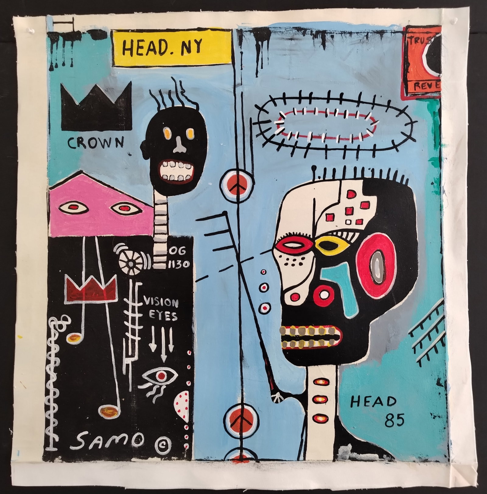 Jean-Michele Basquiat - Head 85 Painting on Canvas. Painting: Jean-Michele Basquiat - Head 85 Painting on Canvas. Canvas Size: 29 x 29 inches. Mixed Medium on Heavy Cotton Canvas. Canvas only will be ship rolled - packed with professional strong shipping tube. I