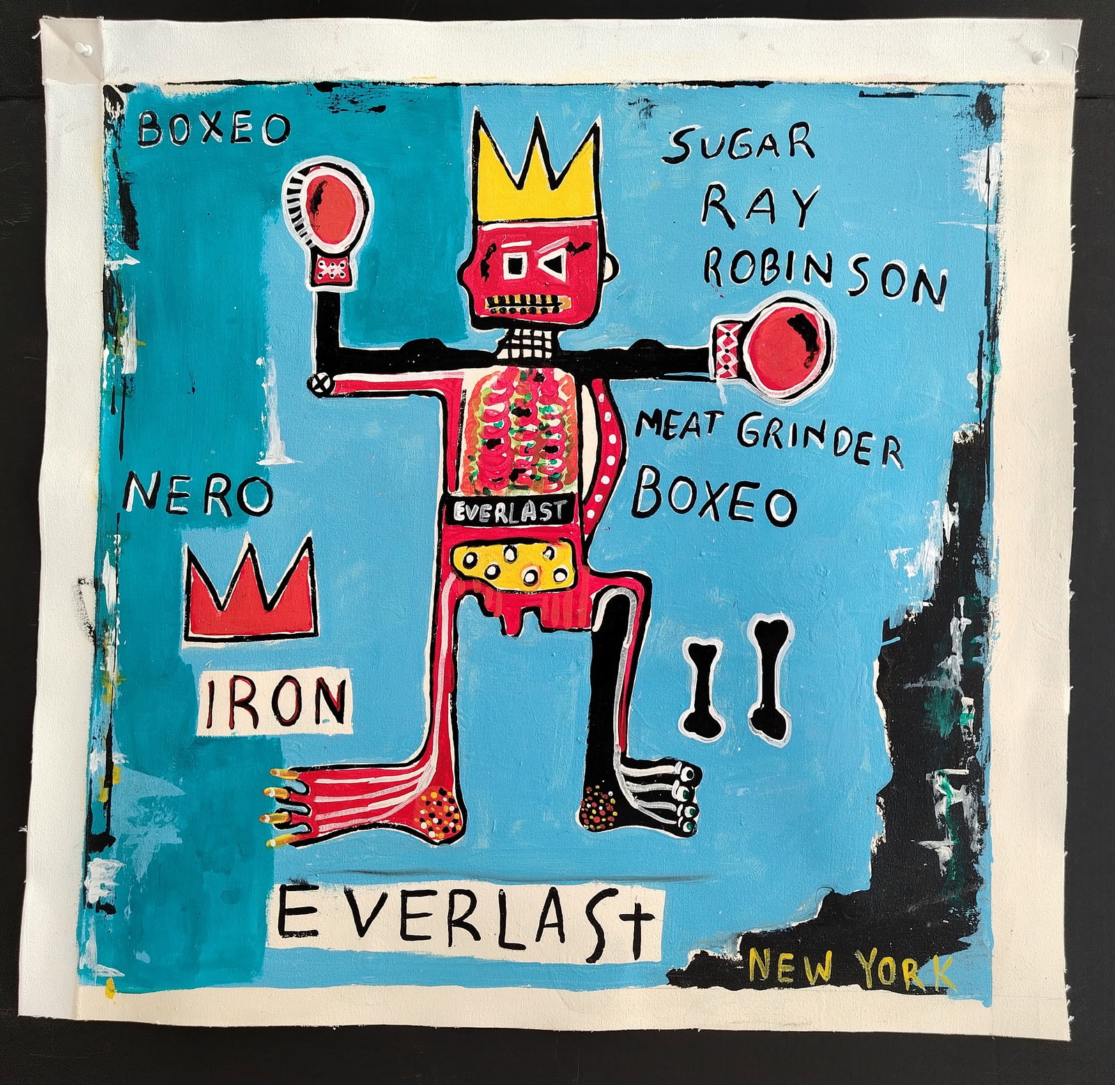 Jean-Michele Basquiat - SUGAR RAY Painting on Canvas. Painting: Jean-Michele Basquiat - SUGAR RAY Painting on Canvas. Canvas Size: 29 x 29 inches. Mixed Medium on Heavy Cotton Canvas. Canvas only will be ship rolled - packed with professional strong shipping tube.