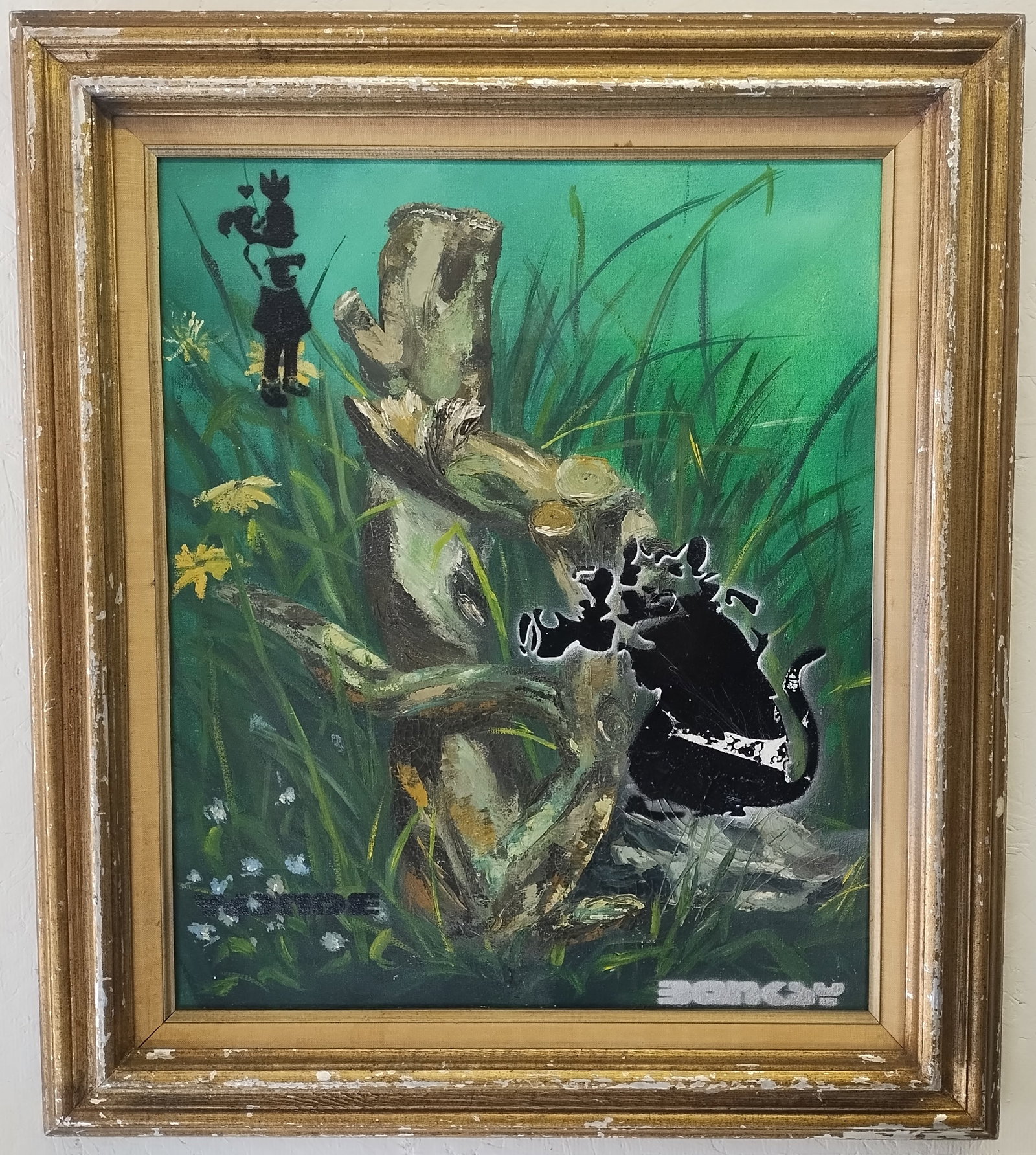 Banksy - Framed Painting on Stretched Canvas Street Art Urban Graffiti UK: Banksy - Framed Painting on Stretched Canvas Street Art Urban Graffiti UK Rat Origin: from Bristol, UK Approx Image Size: 20" x 24" (50.8 x 61 cm)Approx Wood Frame Size: 31" x 27" (78.74 x 68.58 x 7.6