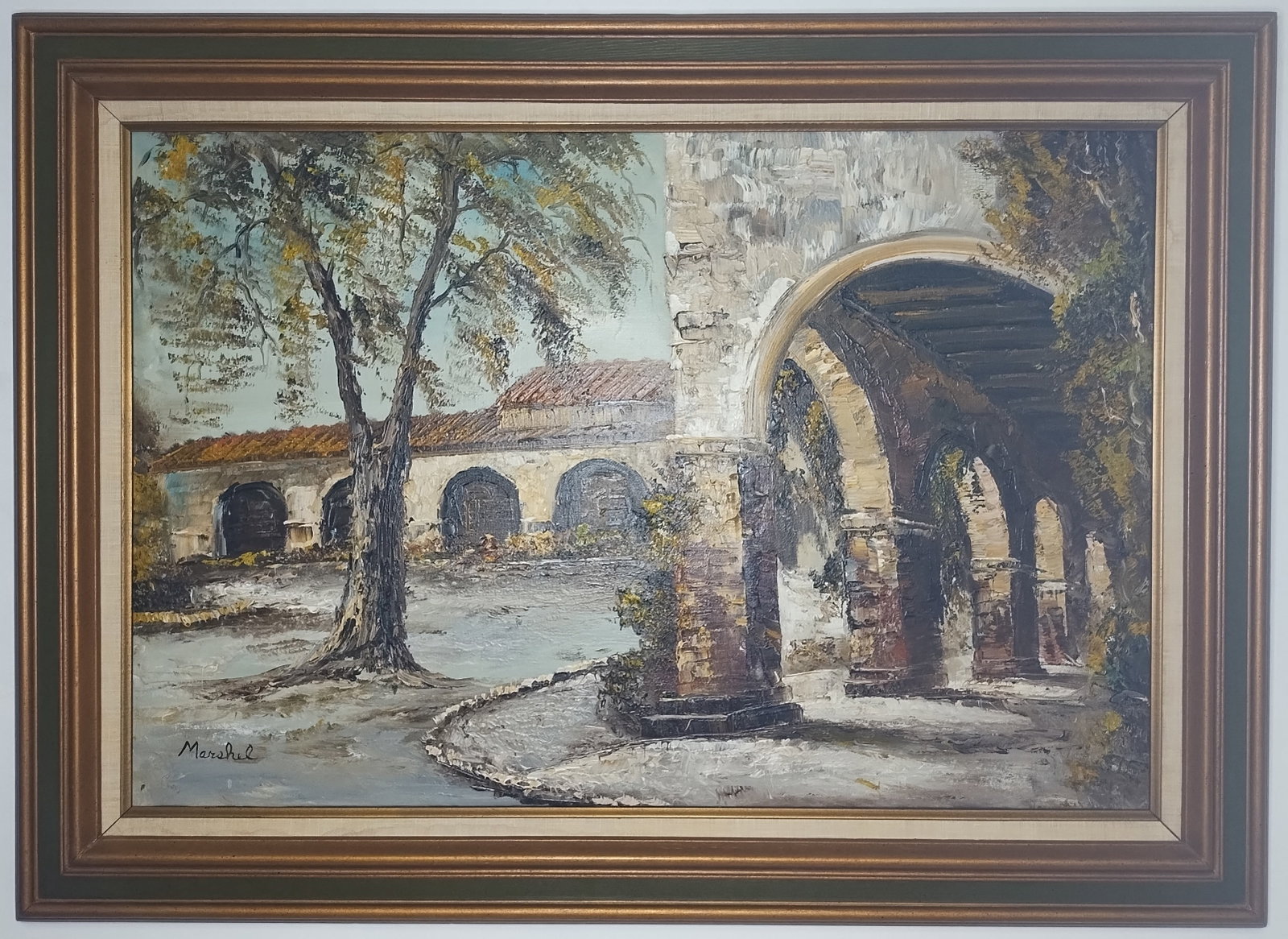 San Juan Capistrano Mission Oil Painting Texture on Canvas Framed: San Juan Capistrano Mission Oil Painting Texture on Canvas Framed Painting Size: 24 x 36 inches. Fame Size: 44 x 32 x 3 inches.Frame may have scratches and marks due to storage. Good vintage condition