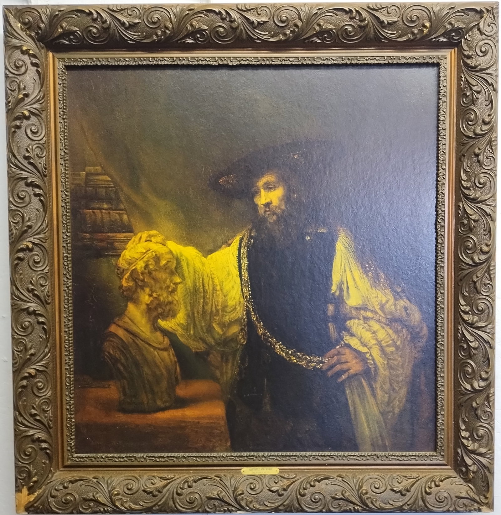 Vintage 1960's Aristotle Contemplating the Bust of Homer: Vintage 1960's Aristotle Contemplating the Bust of Homer Print in thick Cardboard Approx Print Size: 27 x 29 Inches. Approx Wood Frame Size: 34 x 3 x 3 Inches. The Dutch painter Rembrandt van Rijn cre