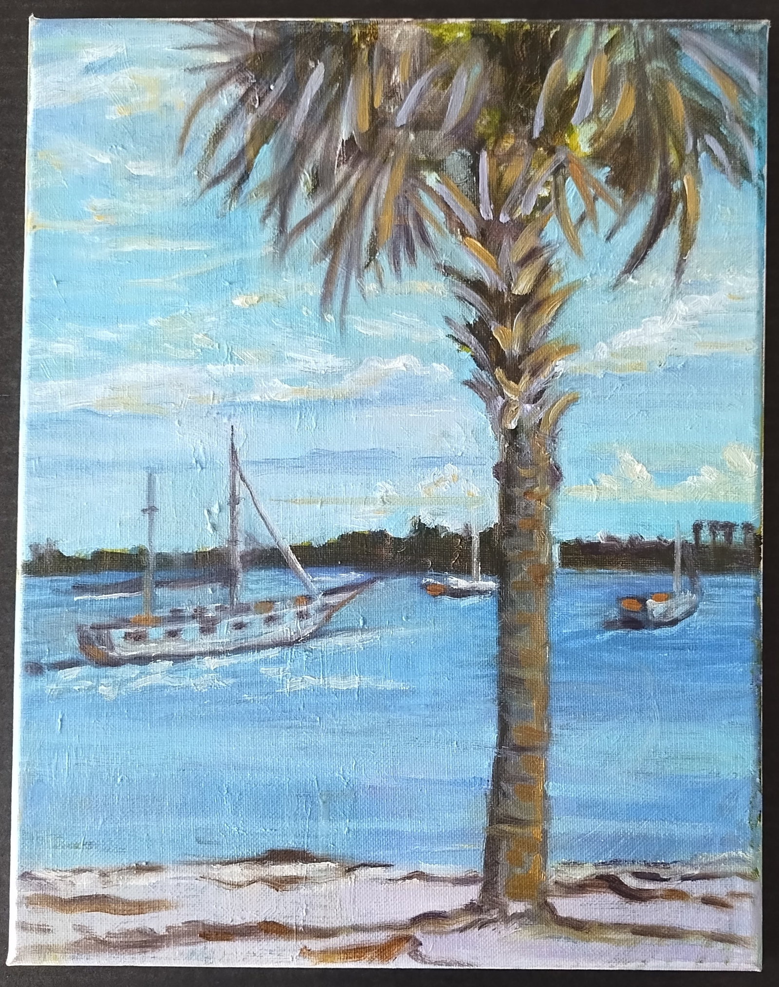 Susan Miiller American,Palm & Sail Boat Painting: Title: Palm & Sail Boats Artist: Susan Miiller Medium: Plain Air Painting Dimensions: Approximately 8 x 10 inches (Painting) Frame: Measures 10 x 12 inches Condition: Excellent Description:This captiv