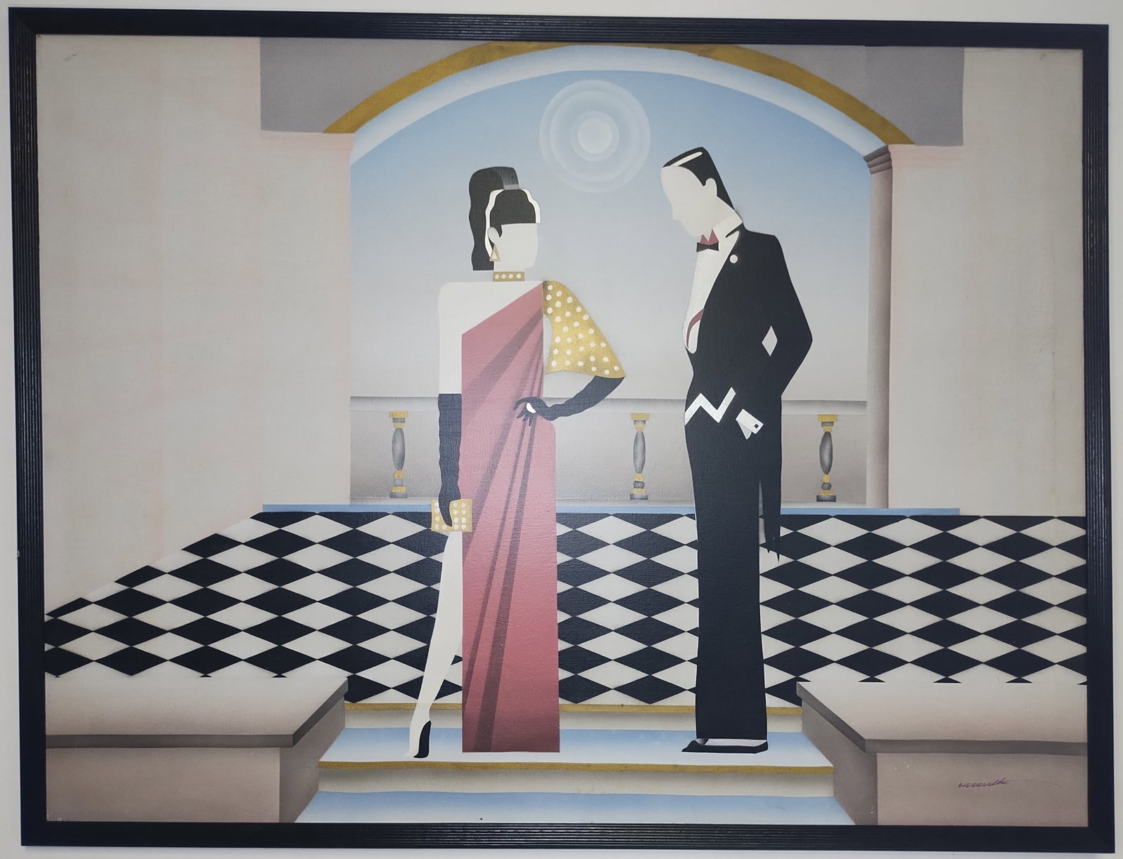 Large Art Deco Giancarlo Impiglia, Italian/Ame (1940 - ) Style Framed Painting on Canvas,: Large Art Deco Giancarlo Impiglia, Italian/American (1940 - ) Style Framed Painting on Canvas, Painting Size: 36 x 48 inches. Frame Size: 38 x 50 x 1 inches, Good condition. SEE PHOTOS as part of the 