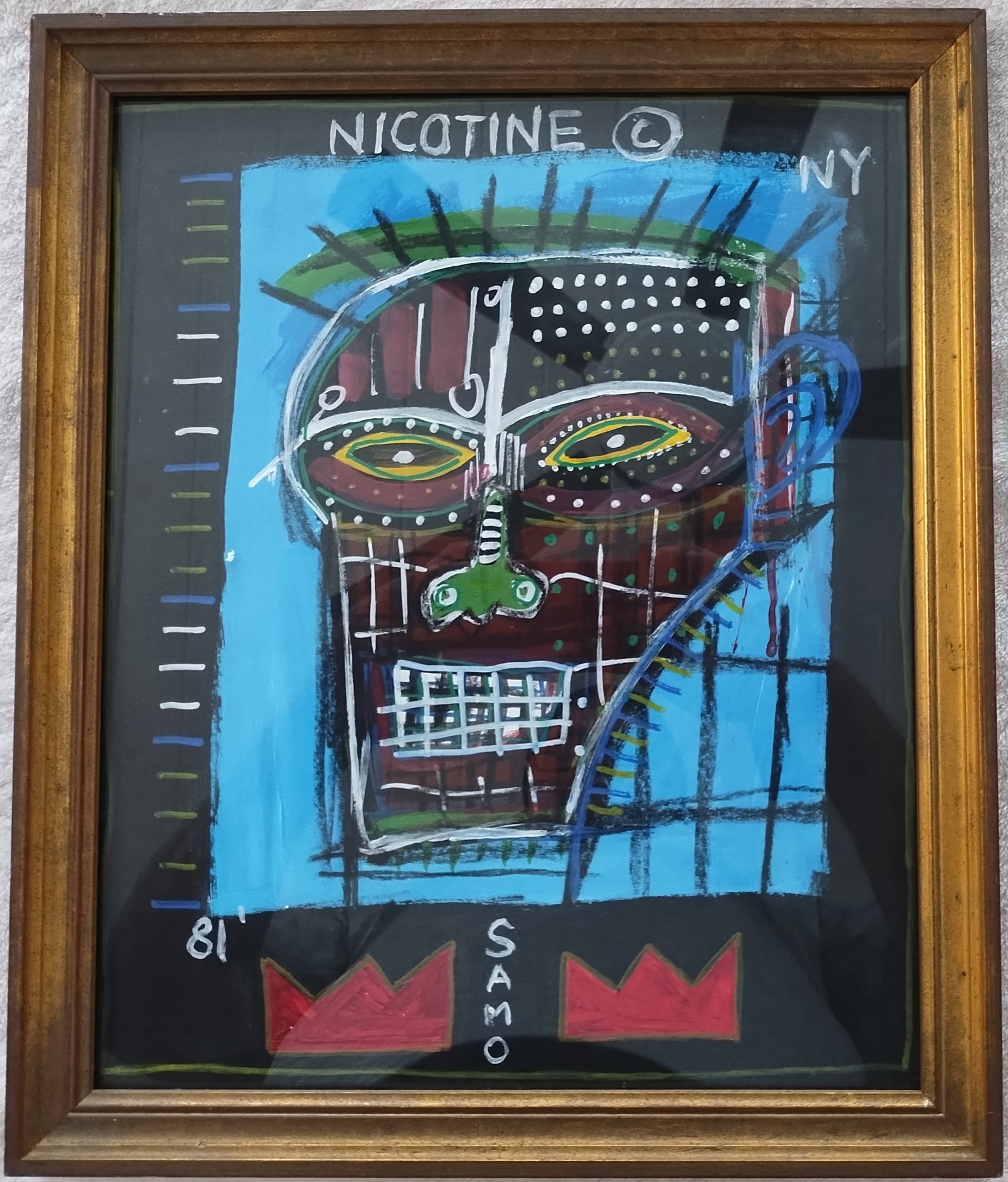Jean-Michel Basquiat Painting on Paper( ) Framed. Stamped on Reverse: Jean-Michel Basquiat Painting on Paper( ) Framed. Stamped on Reverse.Painting Size: 11 1/2 x 14 inches. Frame Size: 13 x 15 x 1 inches.Mixed Medium on Cardboard.Frame may have scratches and marks due 