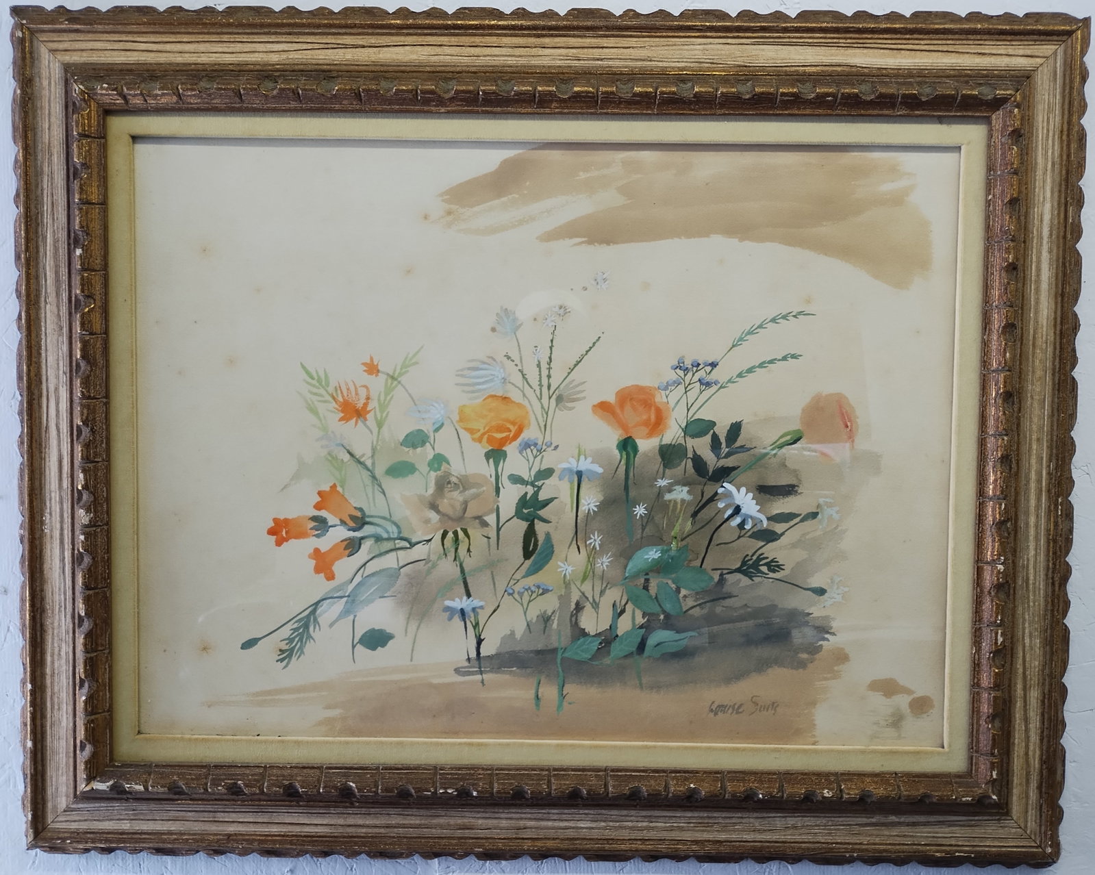 Floral Still Life Gouache Painting Signed: Floral Still Life Gouache Painting Signed.Vintage French Floral Painting - Garden Flower, 20th Century Colourful Flowers.Approx Painting Size: 32 X 25 Inches - Frame Size: 35 x 28 x 2 Inches. Frame ma