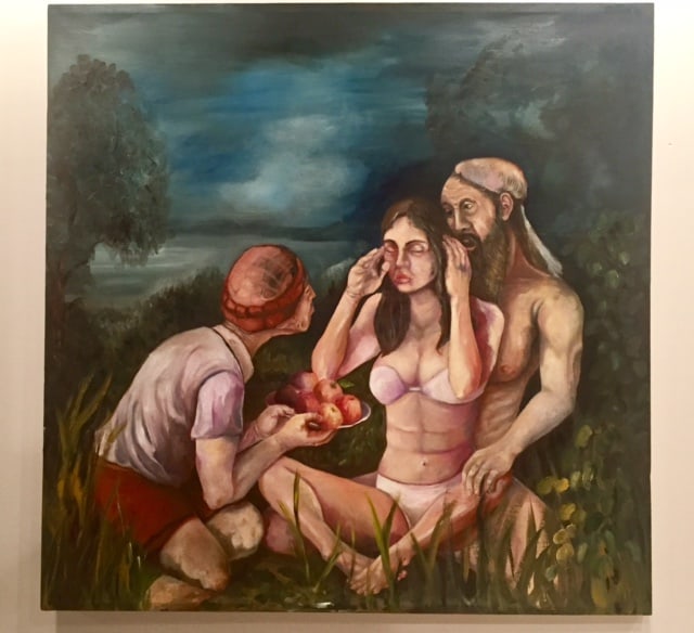 XXL Jesus-Maria & Fruit Painting Signed: XXL Jesus-Maria & Fruit Painting Signed. Painting Size: 50 x 50 inches.. Mixed Medium on Thick canvas only. no frame. Painting have lost pain and cracked en lady head.SEE PHOTO as part of the descript